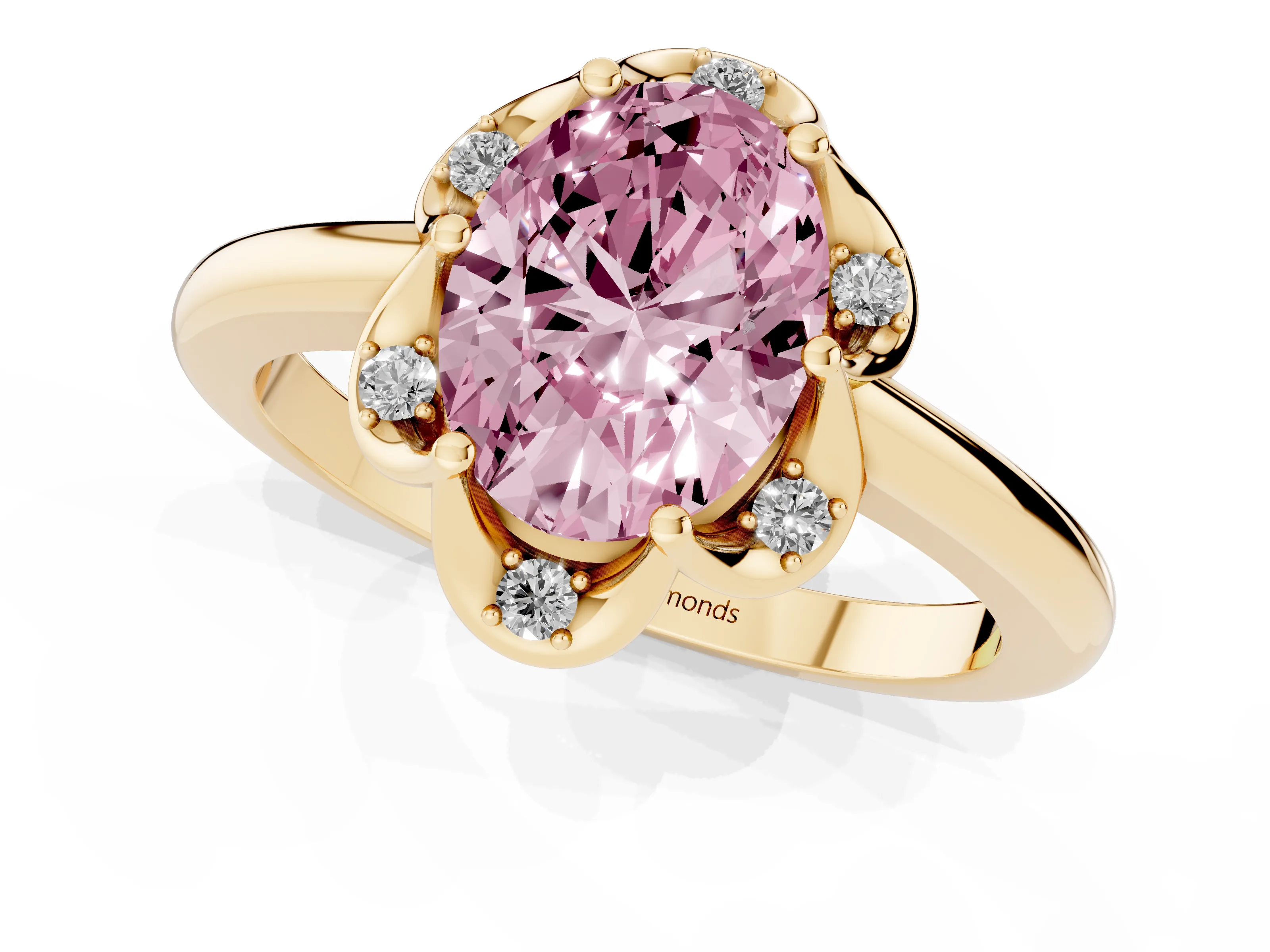 Fancy Pink Oval Cut Diamond Round Cluster Halo Ring Set in Yellow gold with Solitaire Band and Prong Setting