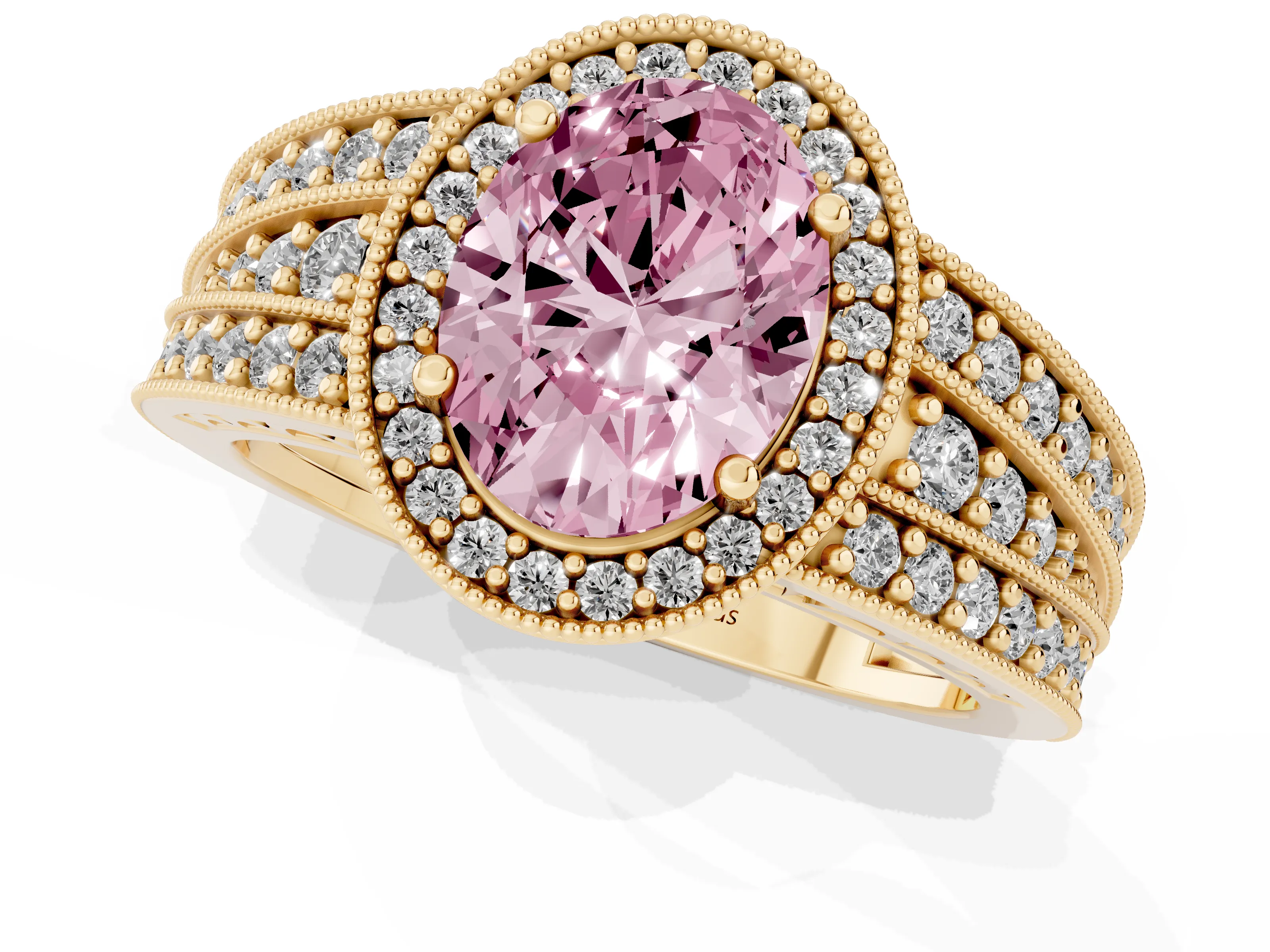 Fancy Pink Oval Cut Diamond Halo Ring Set in Yellow gold with Accent Split Shank and Prong Setting