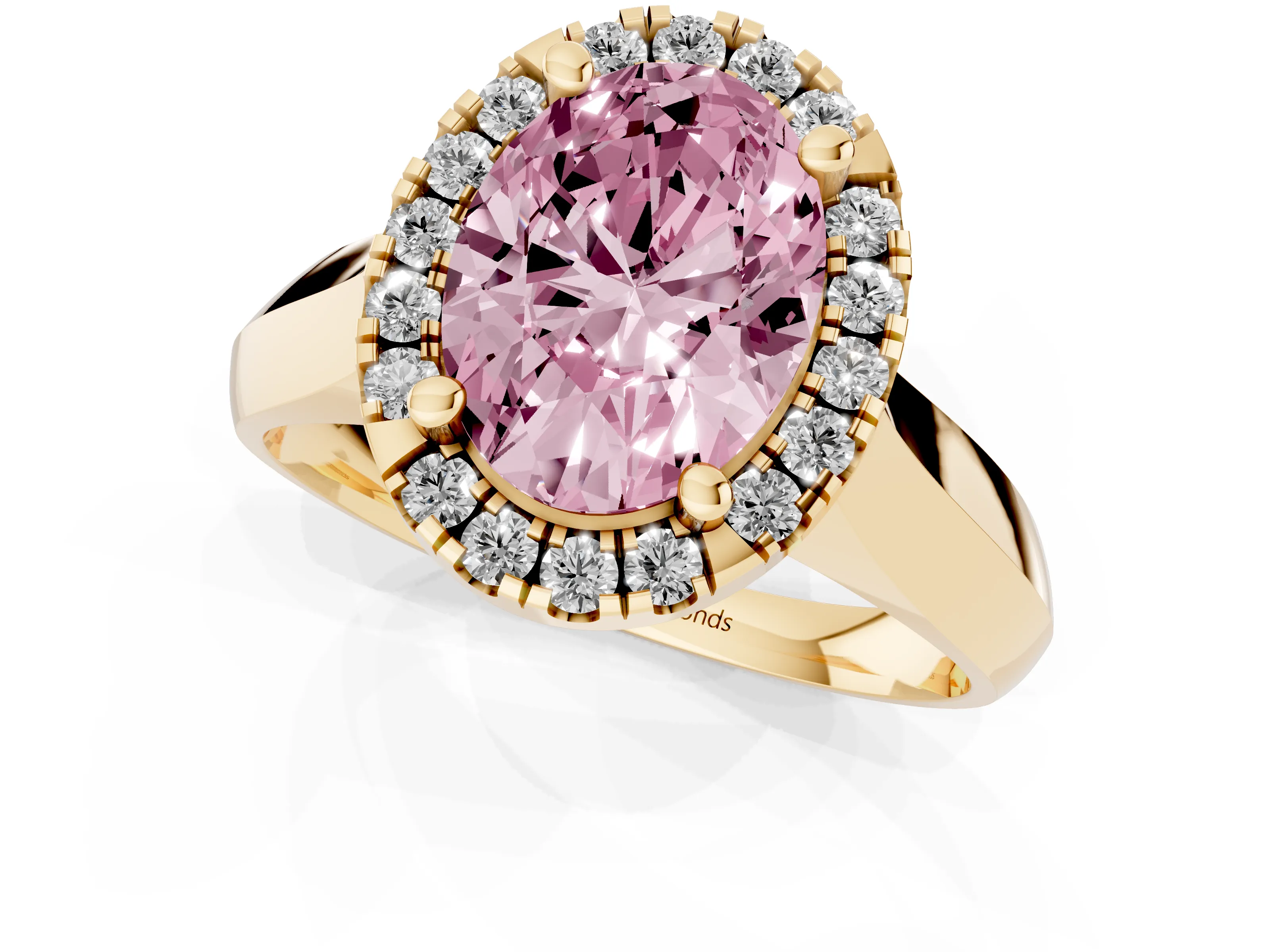 Fancy Pink Oval Cut Diamond Halo Solitaire Engagement Ring Set in Yellow gold with Square Band and Prong Setting
