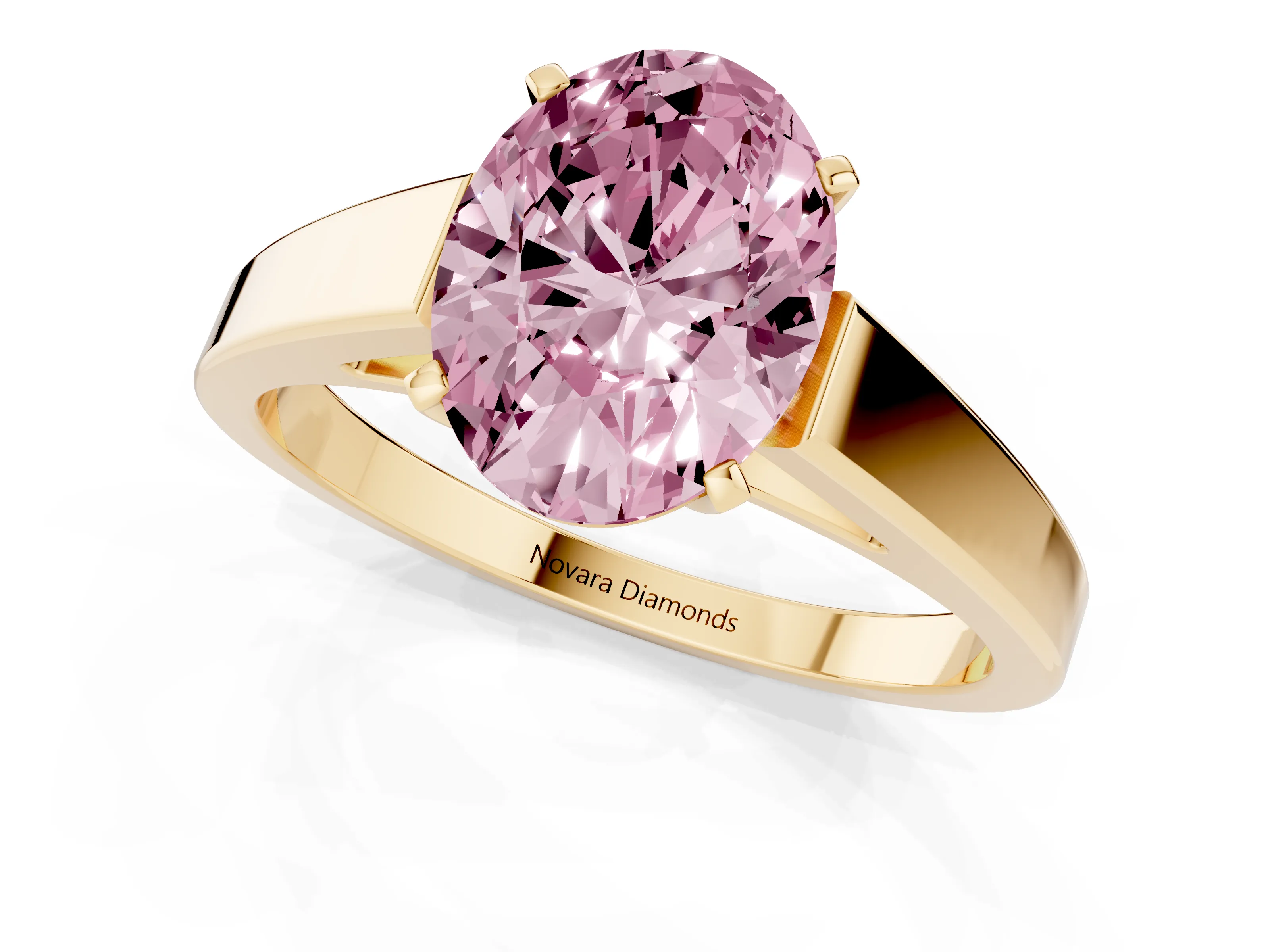 Fancy Pink Oval Cut Diamond Solitaire Engagement Ring Set in Yellow gold with Prong Setting and Tapered Band
