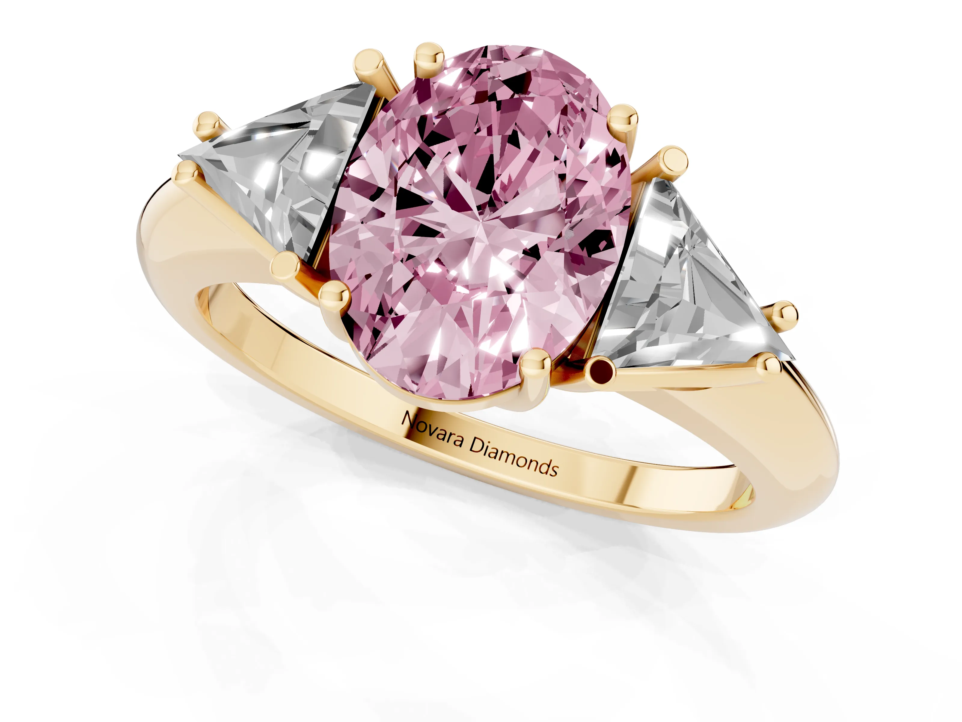 Fancy Pink Oval Cut Diamond Three-Stone Engagement Ring Set in Yellow gold with Trillion Side Stones