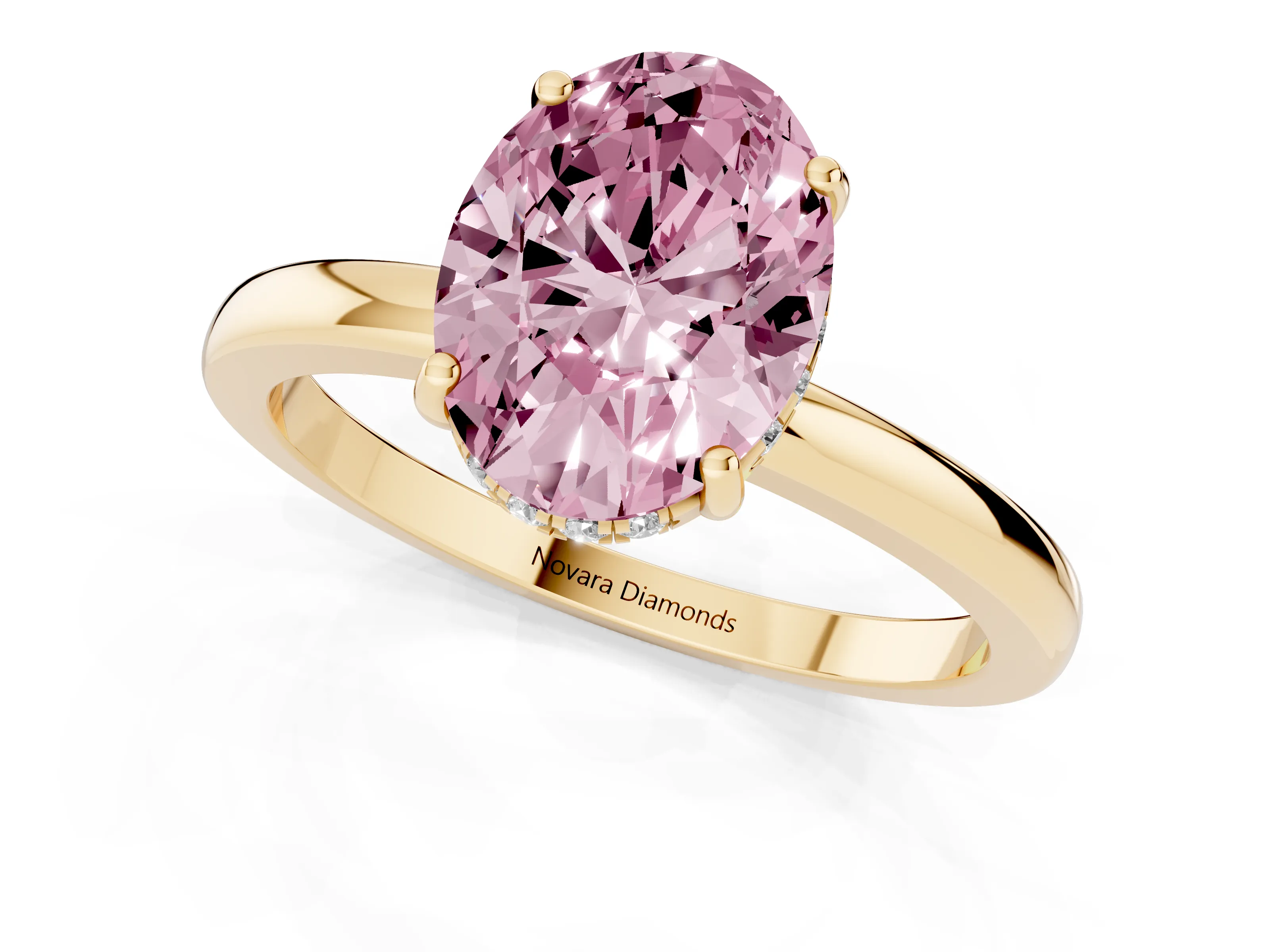Fancy Pink Oval Cut Diamond Solitaire Ring Set in Yellow gold with Plain Band and Prong Setting