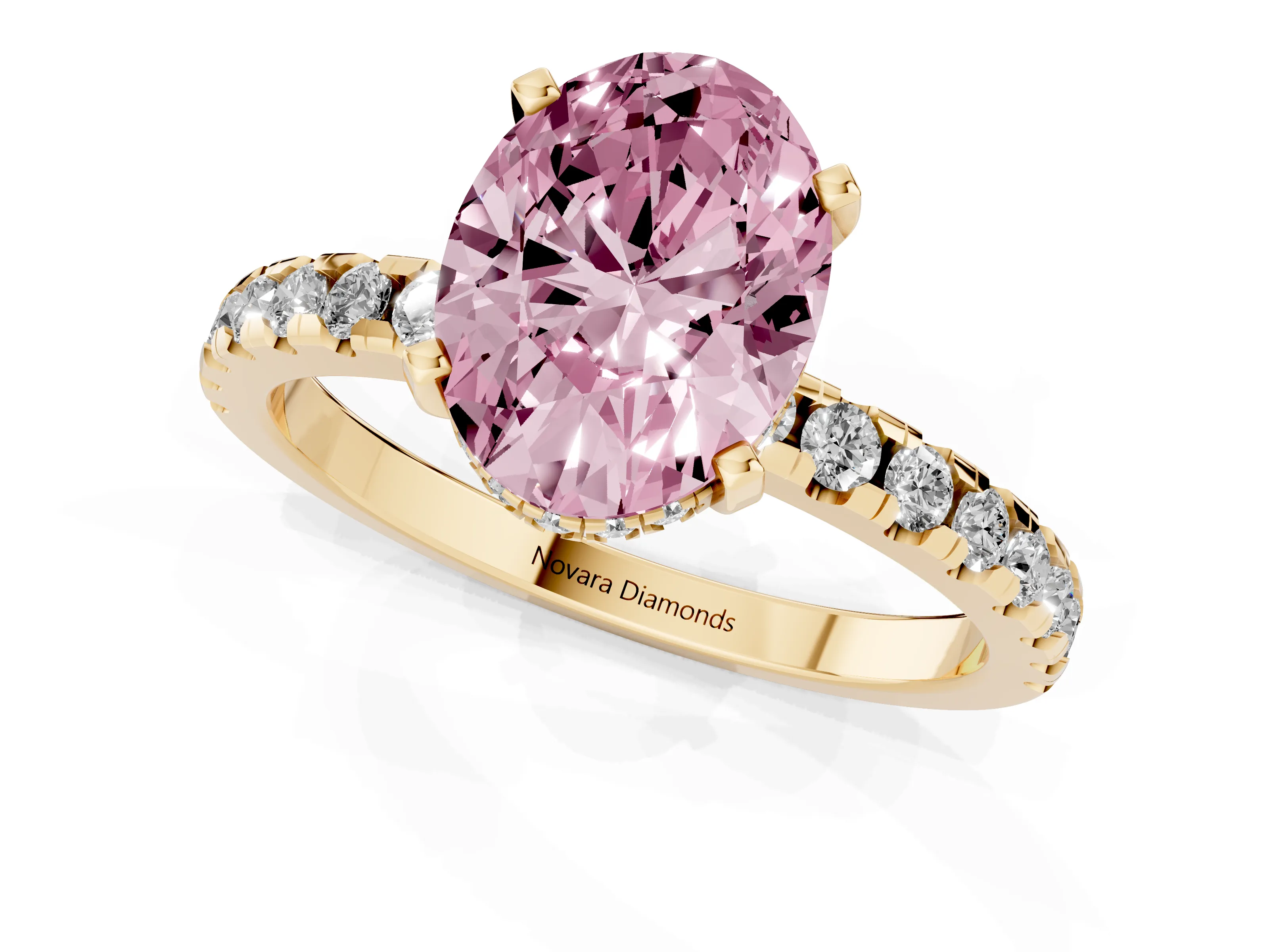 Fancy Pink Oval Cut Diamond Pavé Solitaire Ring Set in Yellow gold with Round Band Accents and Prong Setting