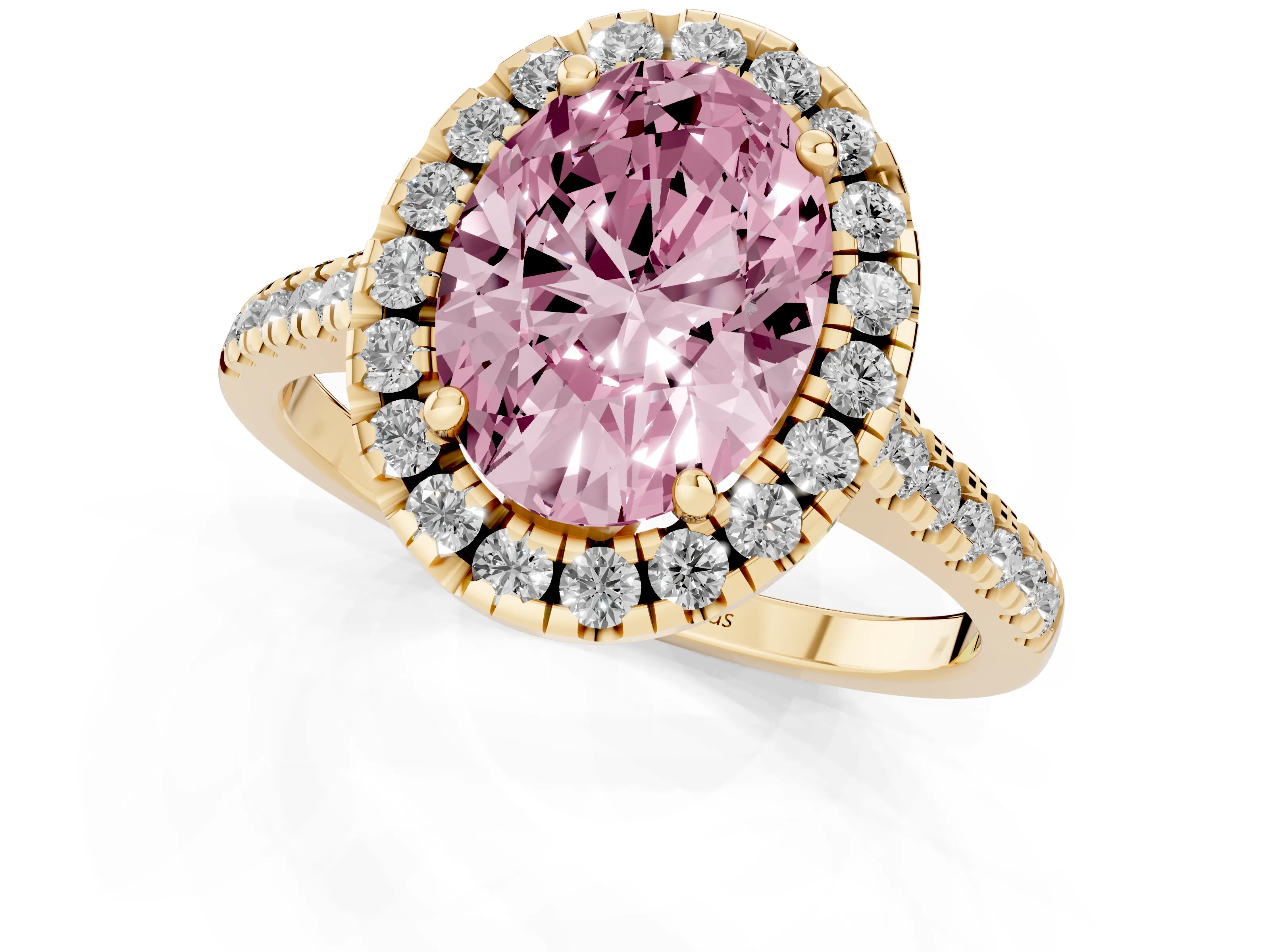 Fancy Pink Oval Cut Diamond Cushion Halo Ring Set in Yellow gold with Pavé Band
