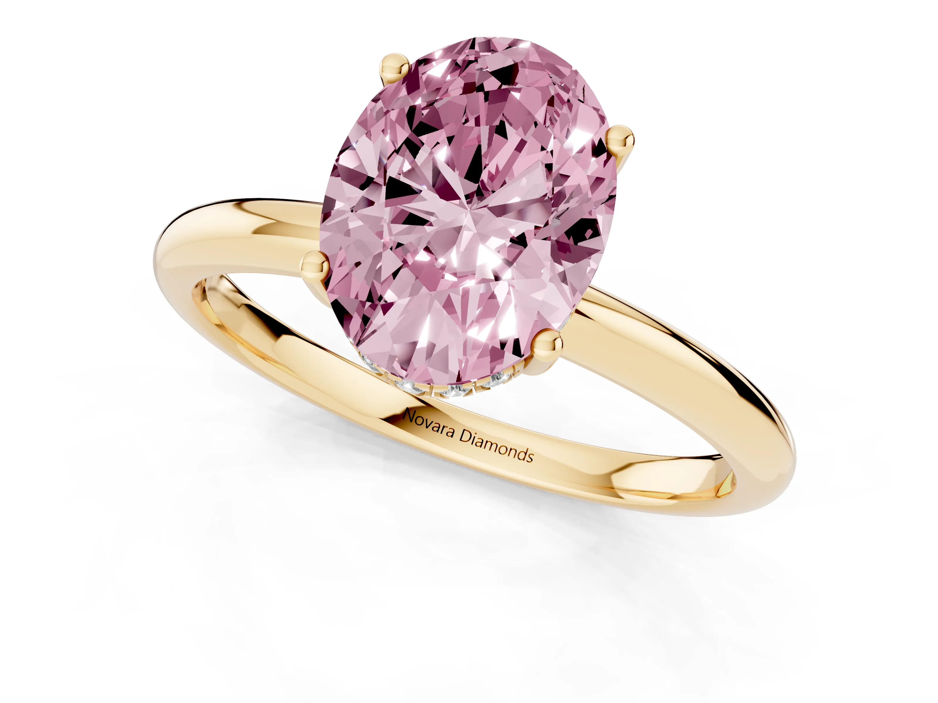 Fancy Pink Oval Cut Diamond Solitaire Engagement Ring Set in Yellow gold with Prong Setting and Polished Band