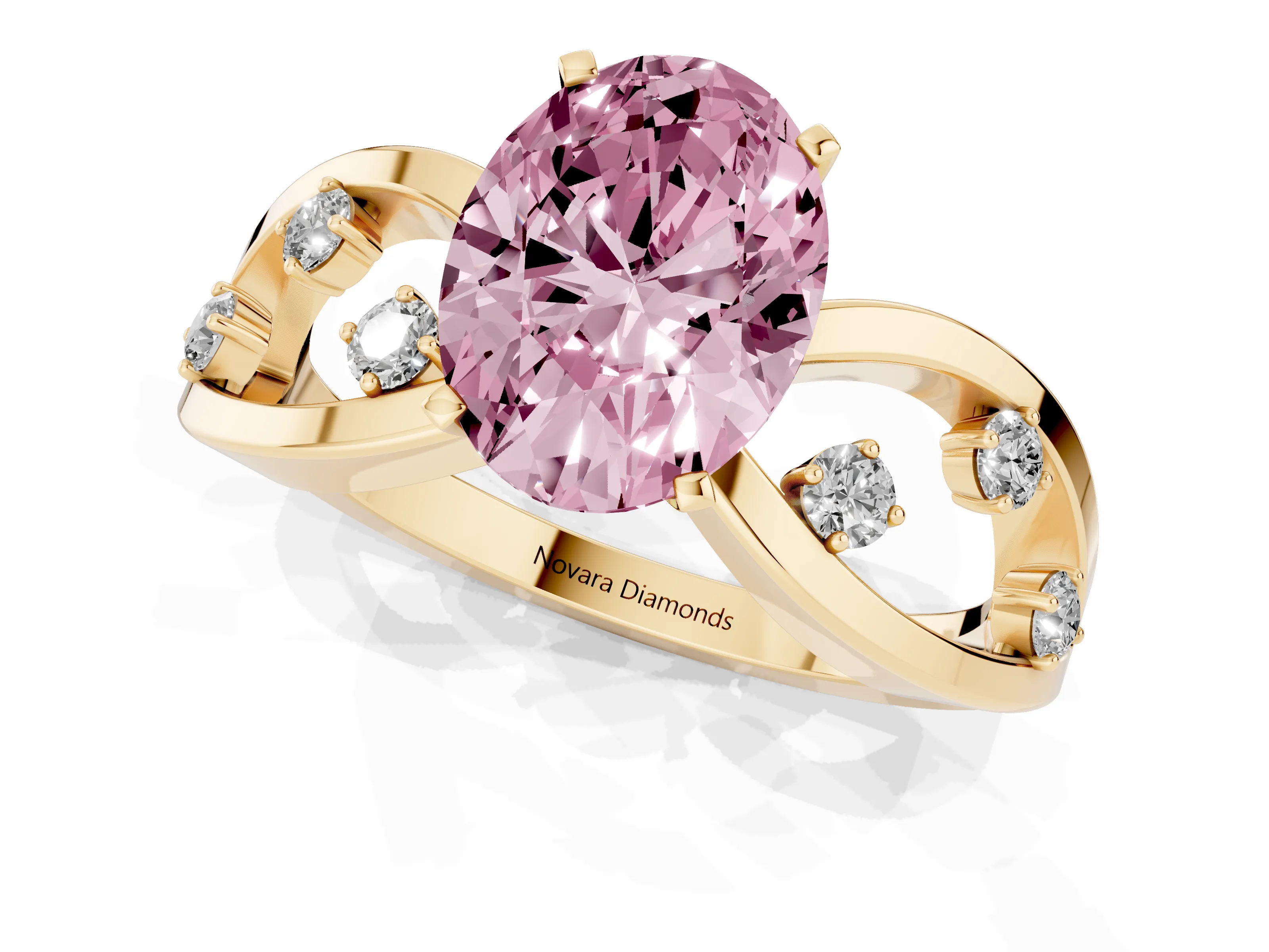 Fancy Pink Oval Cut Diamond Solitaire Ring Set in Yellow gold with Side Stones on Criss-Cross Band and Prong Setting