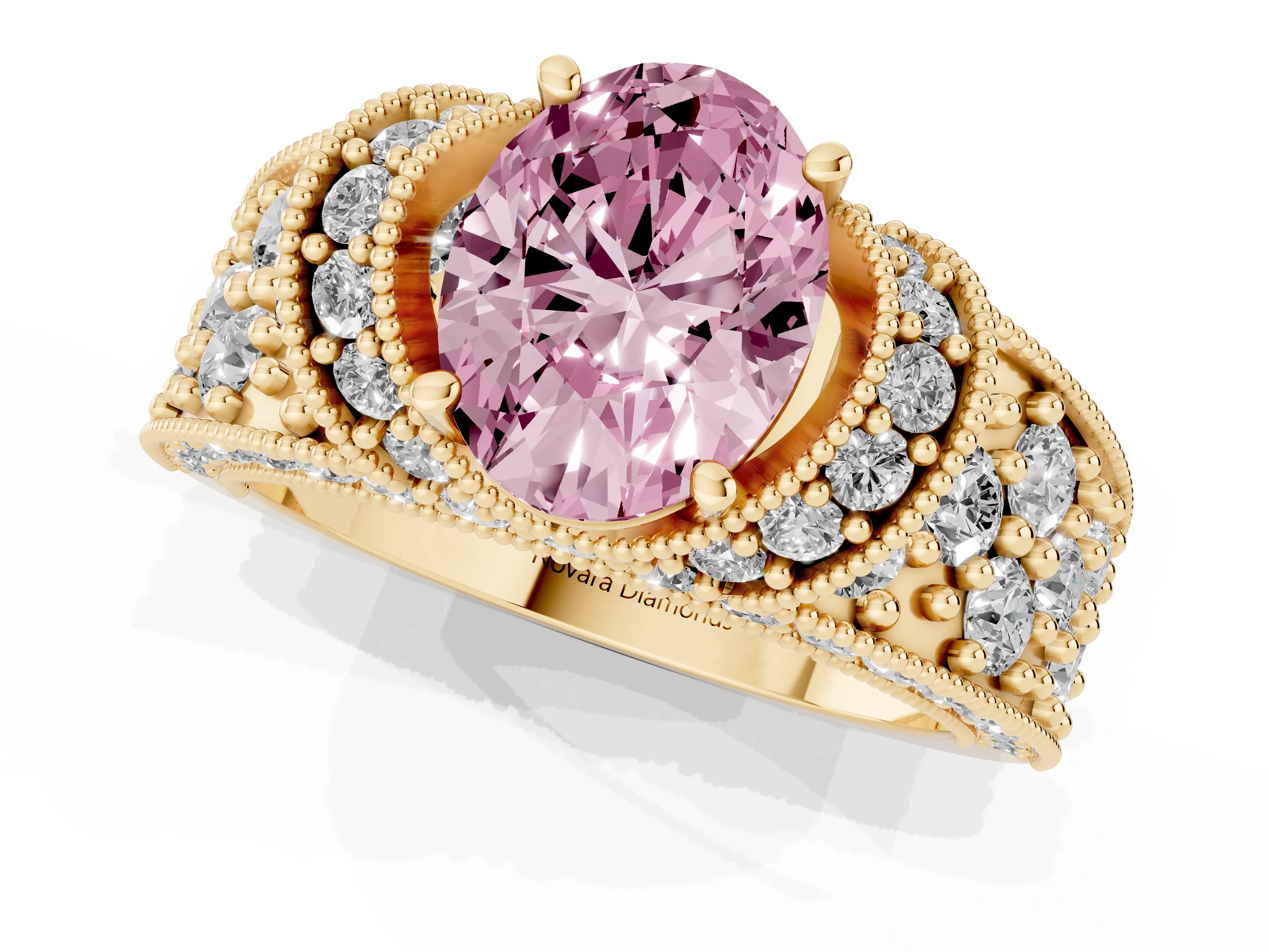 Fancy Pink Oval Cut Diamond Milgrain Halo Pavé Engagement Ring Set in Yellow gold with Prong Setting