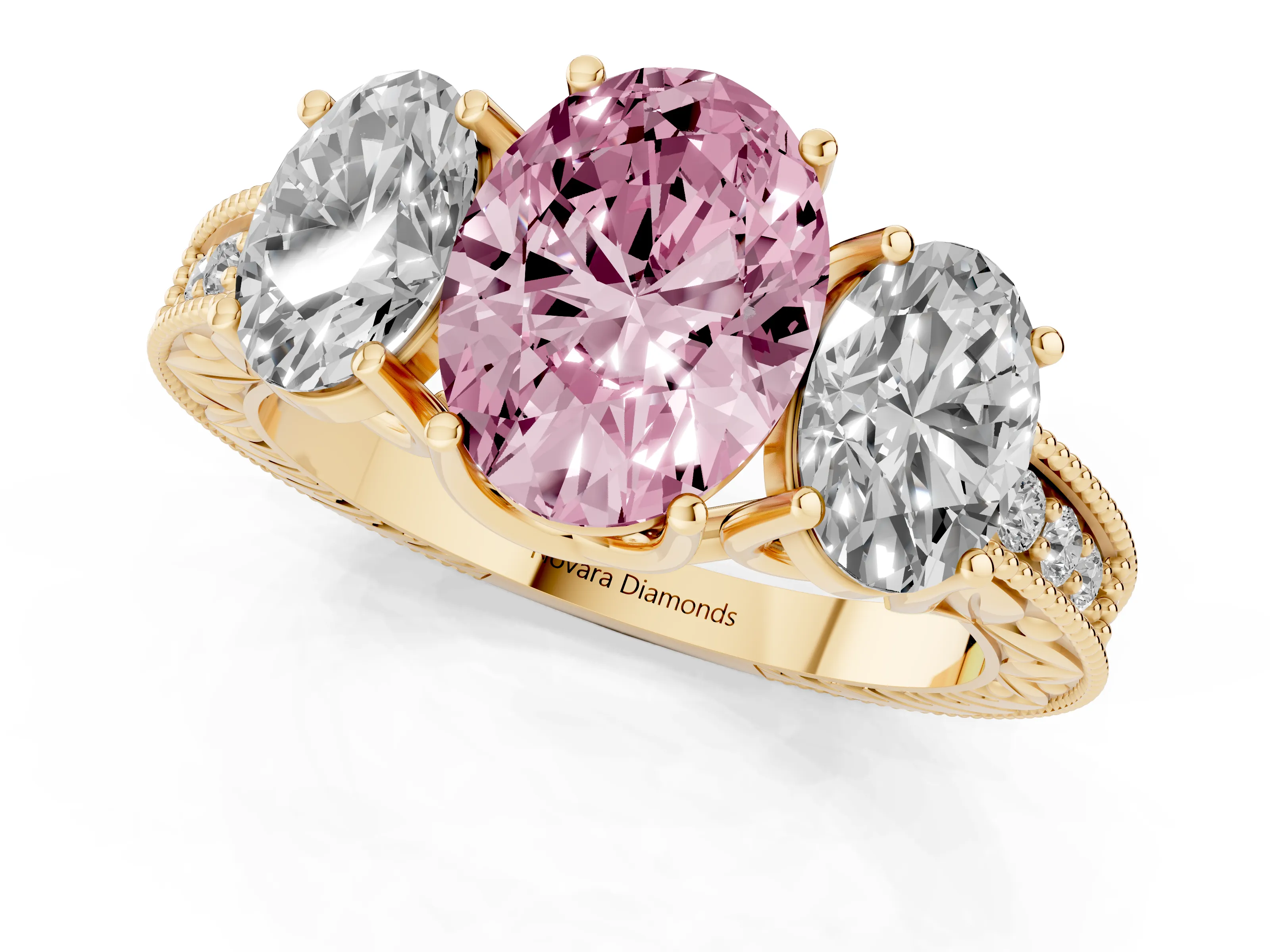 Fancy Pink Oval Cut Diamond Three-Stone Engagement Ring Set in Yellow gold with Milgrain Pavé Band