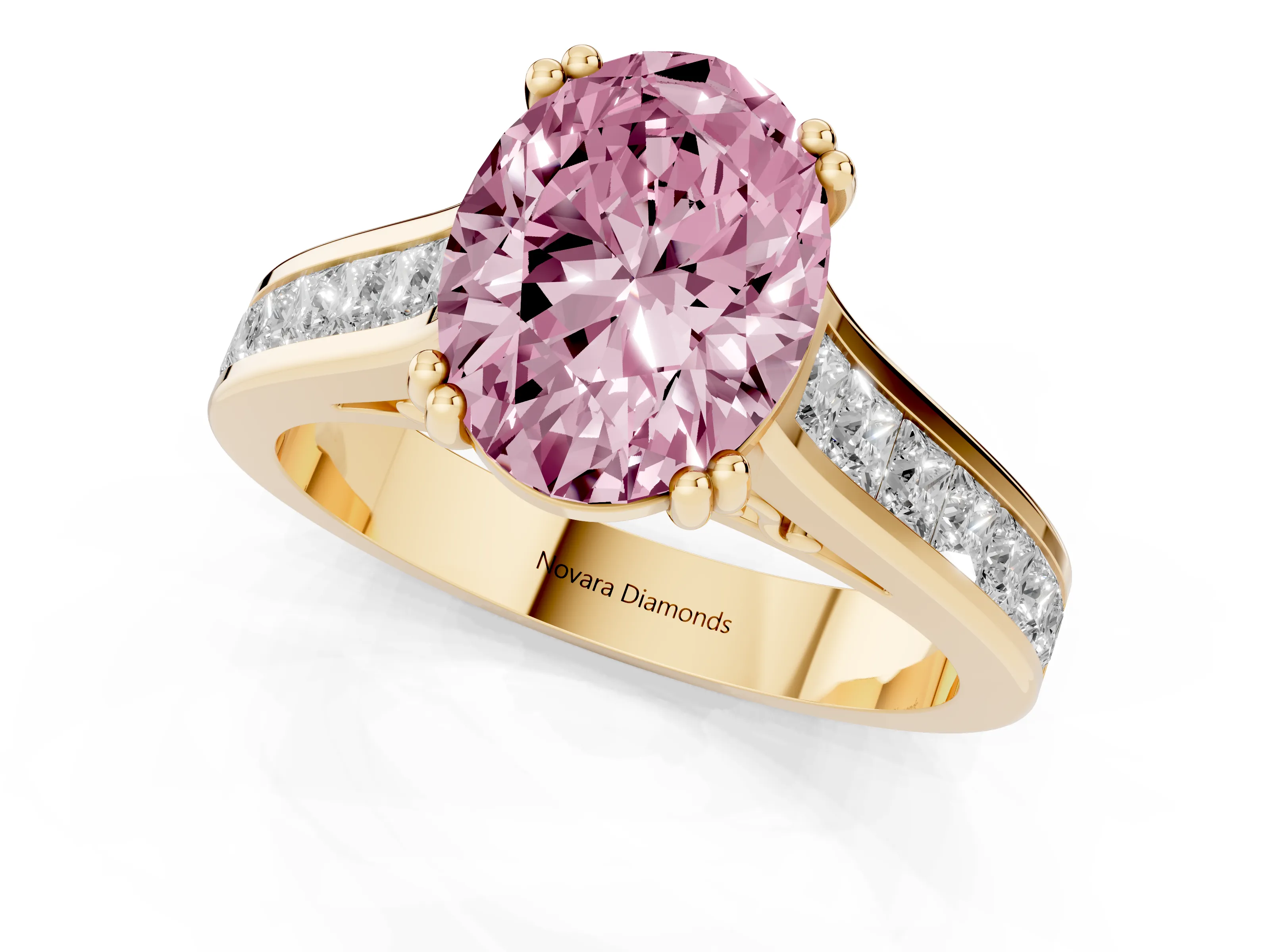Fancy Pink Oval Cut Diamond Channel Set Solitaire Engagement Ring Set in Yellow gold with Prong Setting