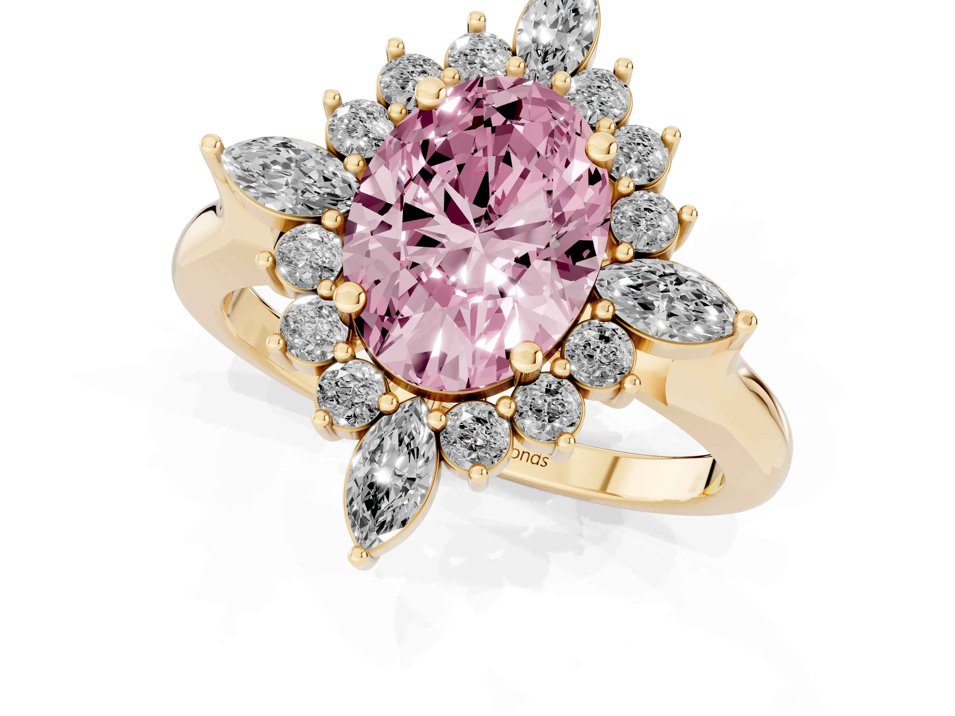 Fancy Pink Oval Cut Diamond Cluster Halo Ring Set in Yellow gold with Marquise and Round Accents