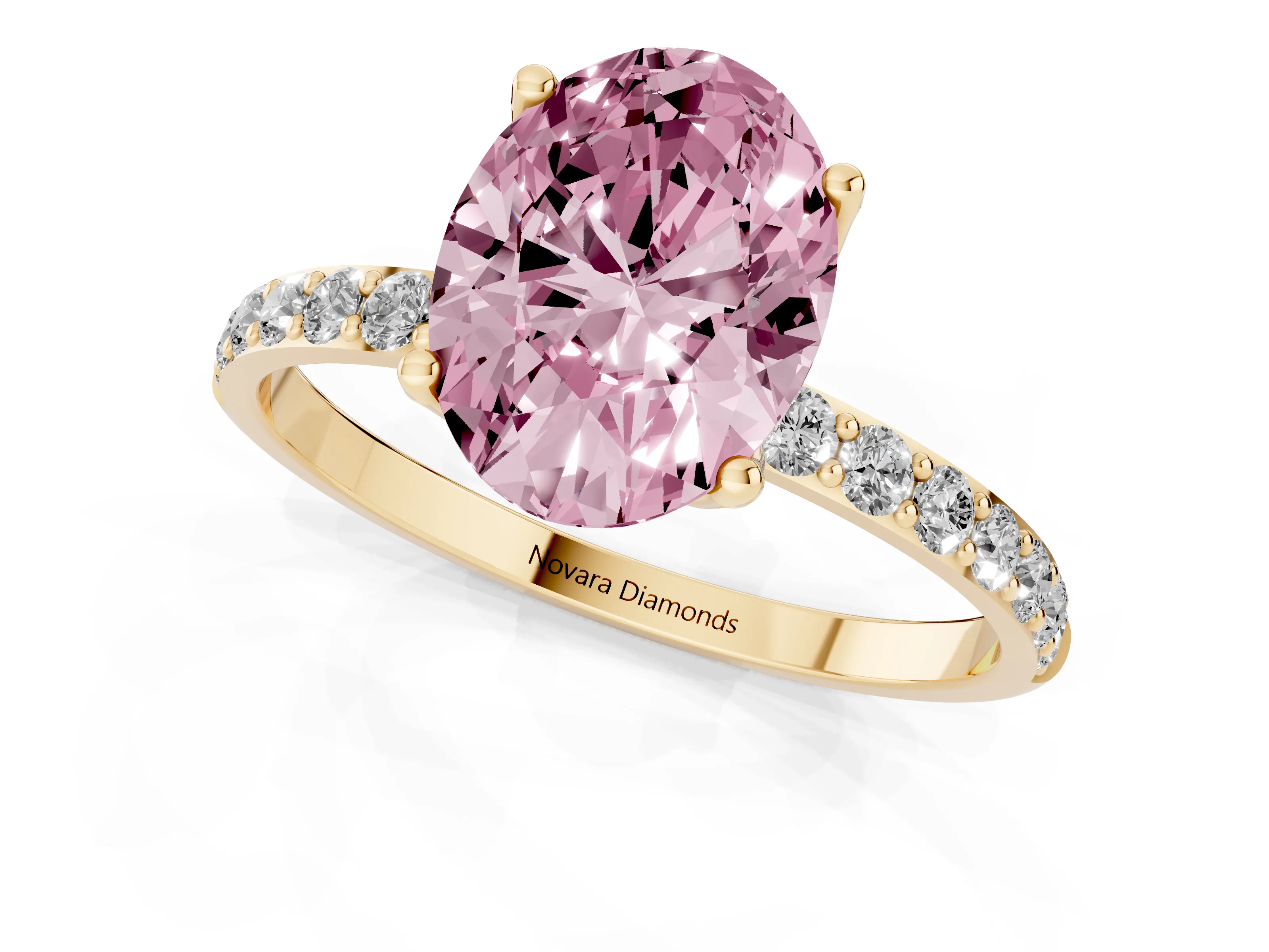 Fancy Pink Oval Cut Diamond Solitaire Engagement Ring Set in Yellow gold with Round Pavé Band and Prong Setting