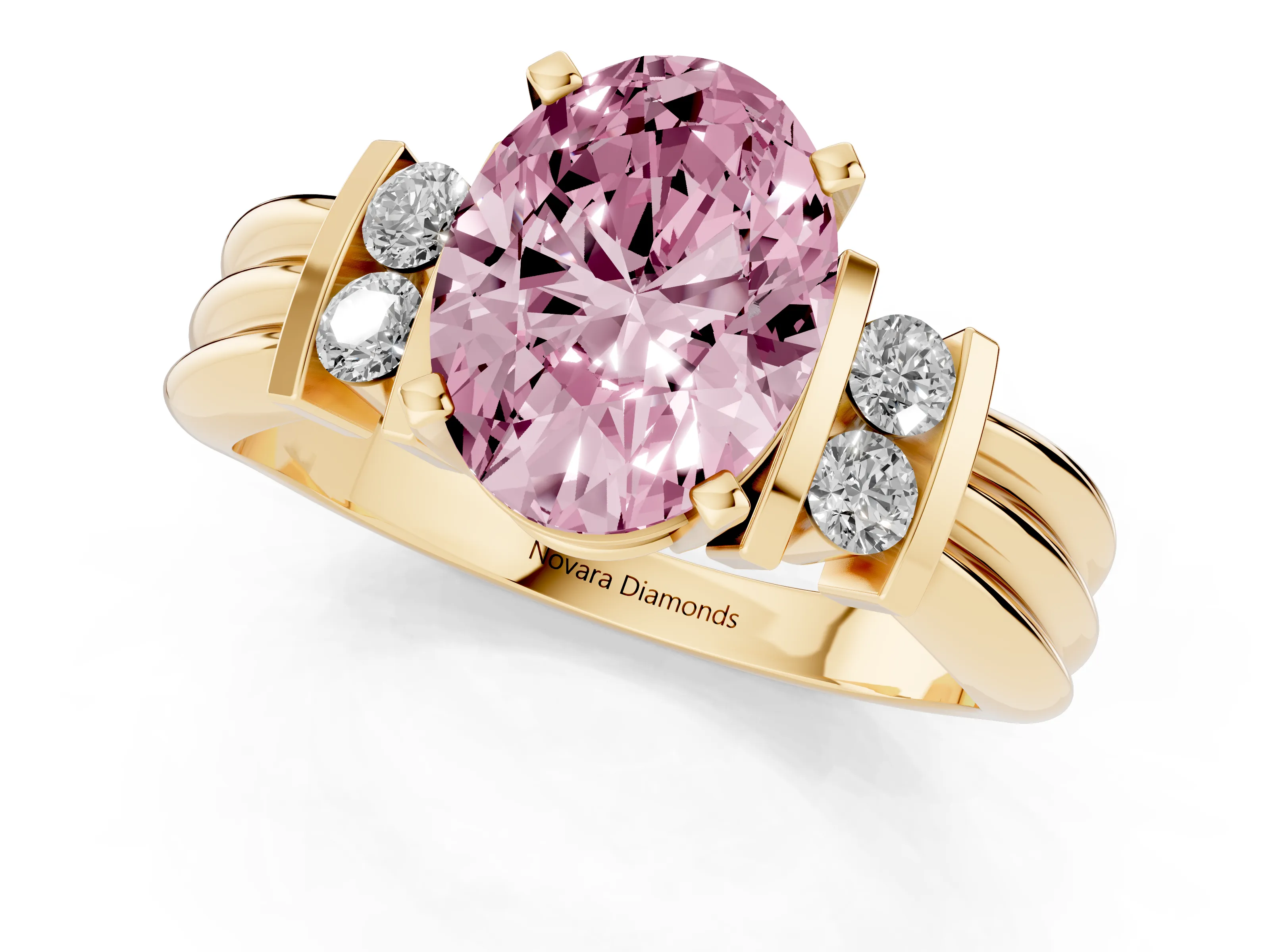 Fancy Pink Three-Stone Oval Cut Diamond Channel Set Ring Set in Yellow gold with Bar Prongs
