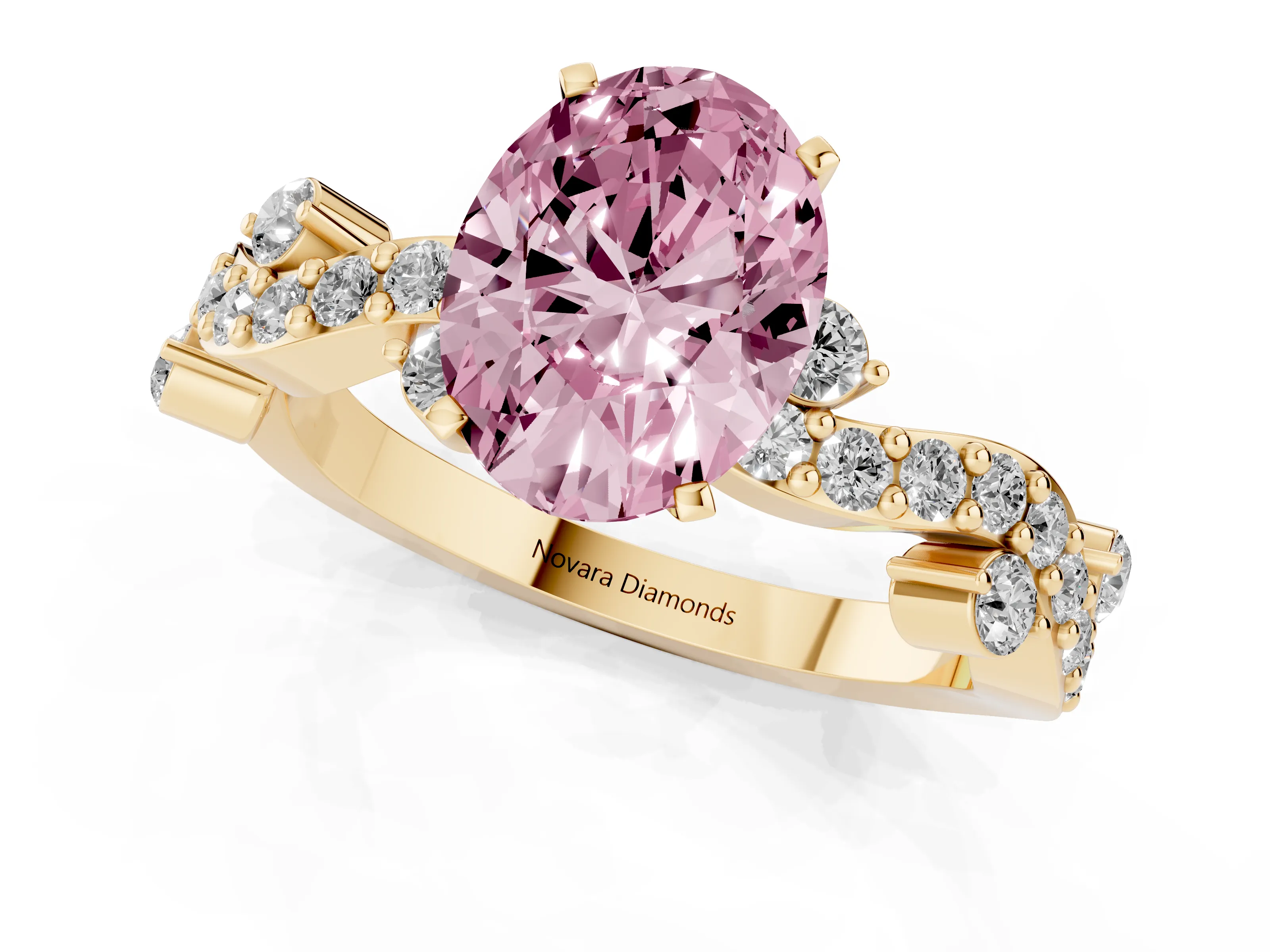 Fancy Pink Oval Cut Diamond Solitaire Twisted Band Set in Yellow gold with Pavé Setting