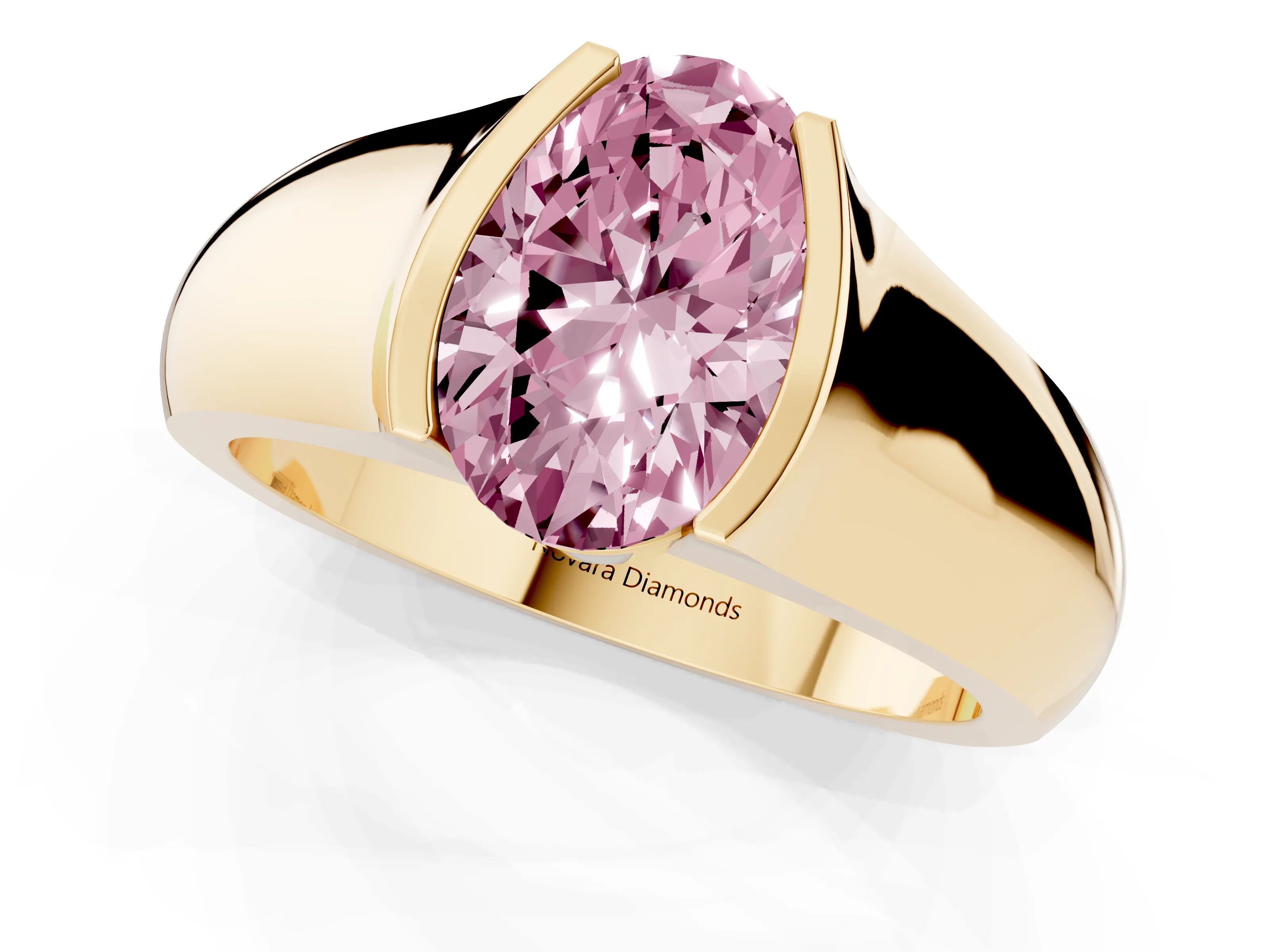 Fancy Pink Oval Cut Diamond Bezel Solitaire Ring Set in Yellow gold with Wide Band