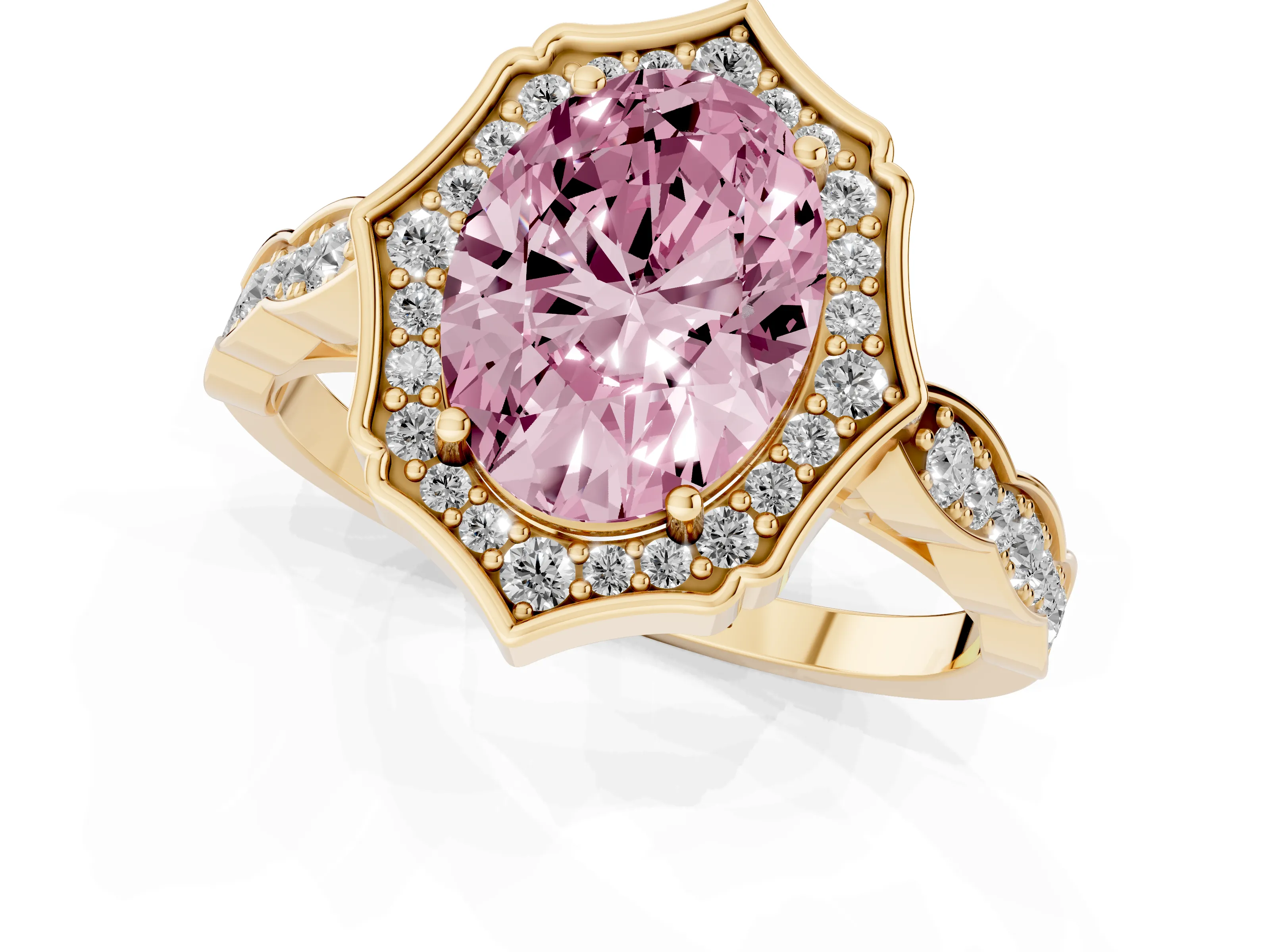 Fancy Pink Oval Cut Diamond Halo Engagement Ring Set in Yellow gold with Milgrain Band and Prong Setting