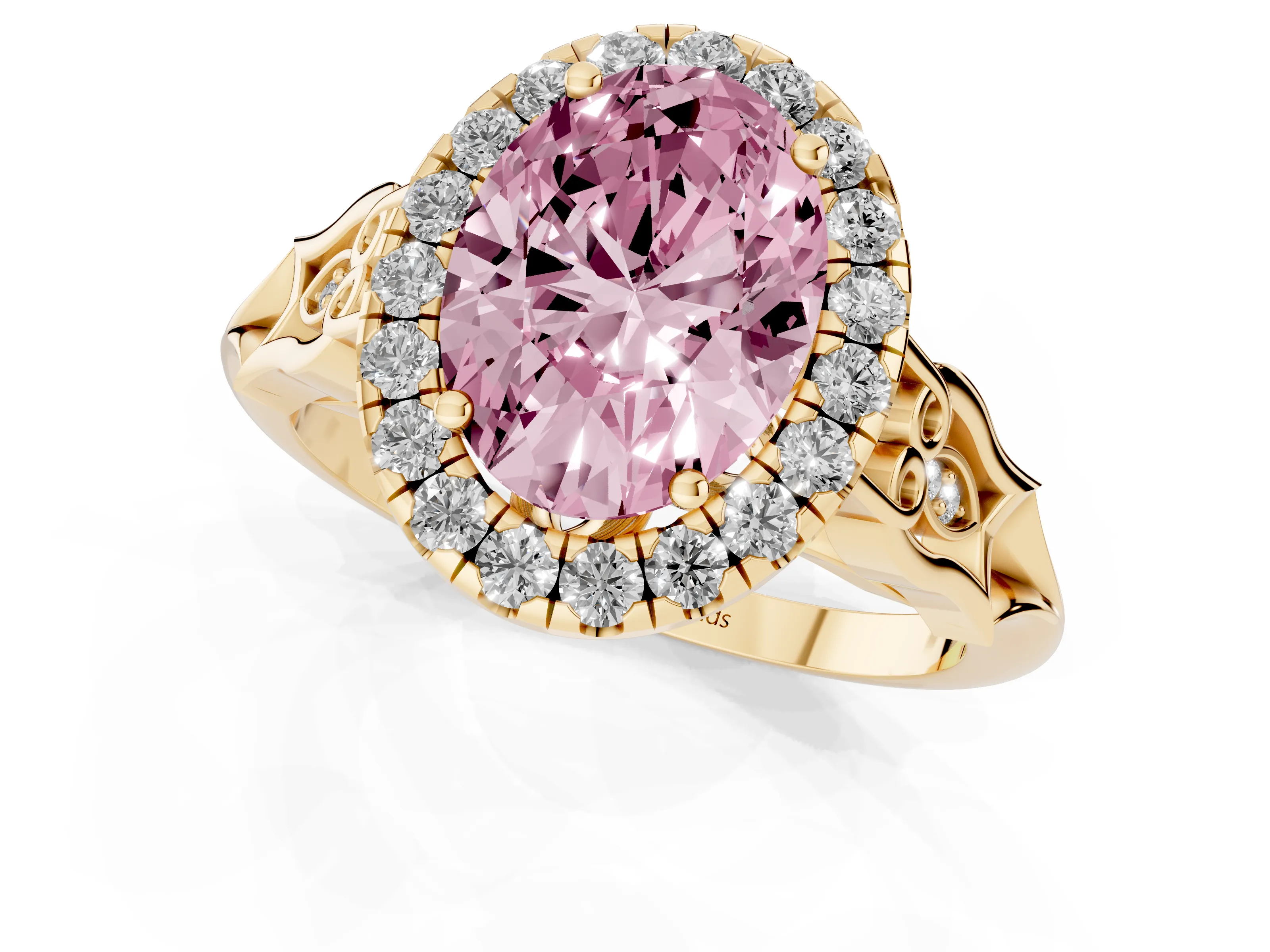 Fancy Pink Oval Cut Diamond Halo Engagement Ring Set in Yellow gold with Filigree Band and Prong-Set Center