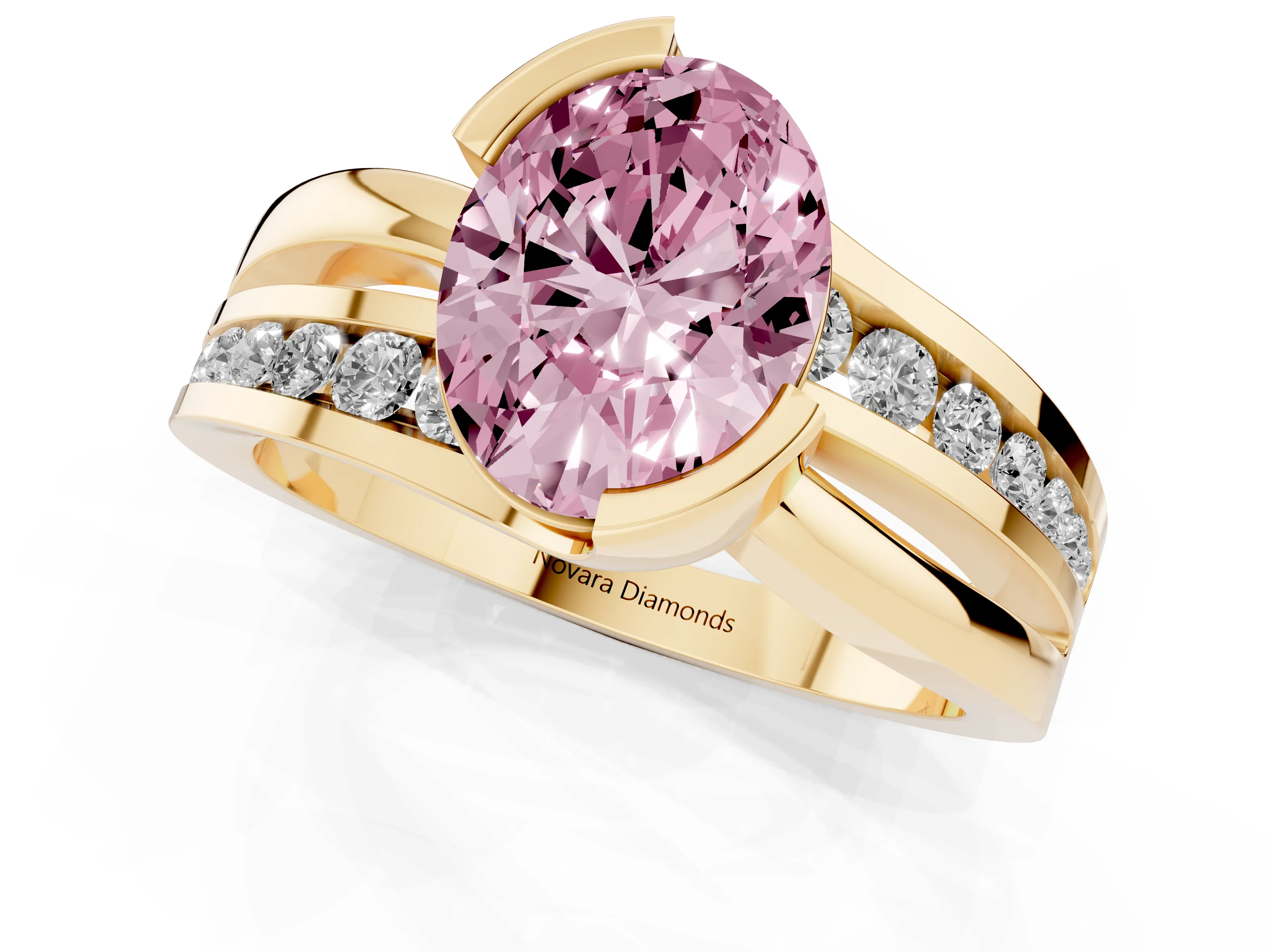 Fancy Pink Oval Cut Diamond Solitaire Ring Set in Yellow gold with Channel Set Split Shank and Tension Prongs