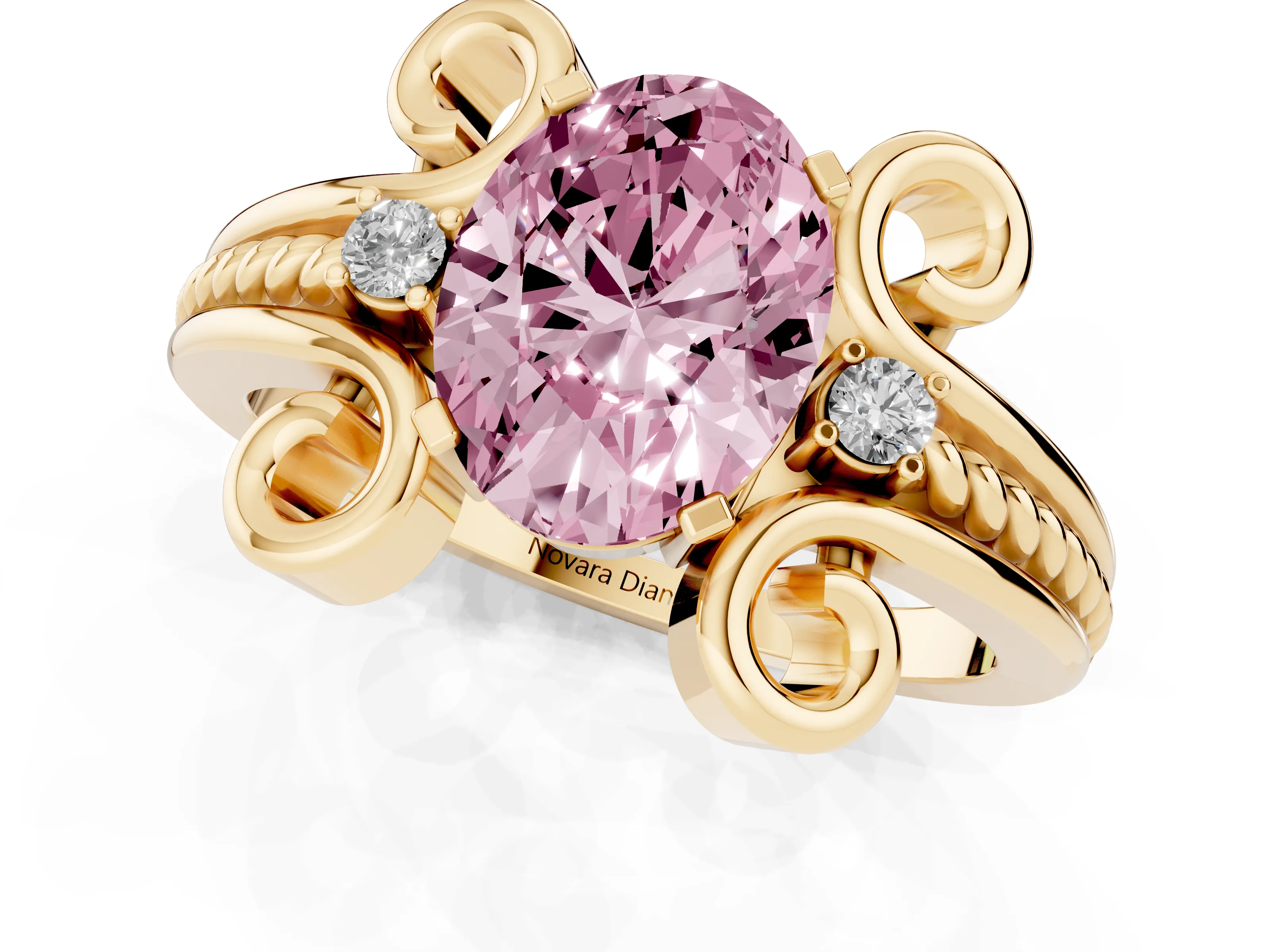 Fancy Pink Oval Cut Diamond Twisted Band Solitaire Ring Set in Yellow gold with Scroll Prongs