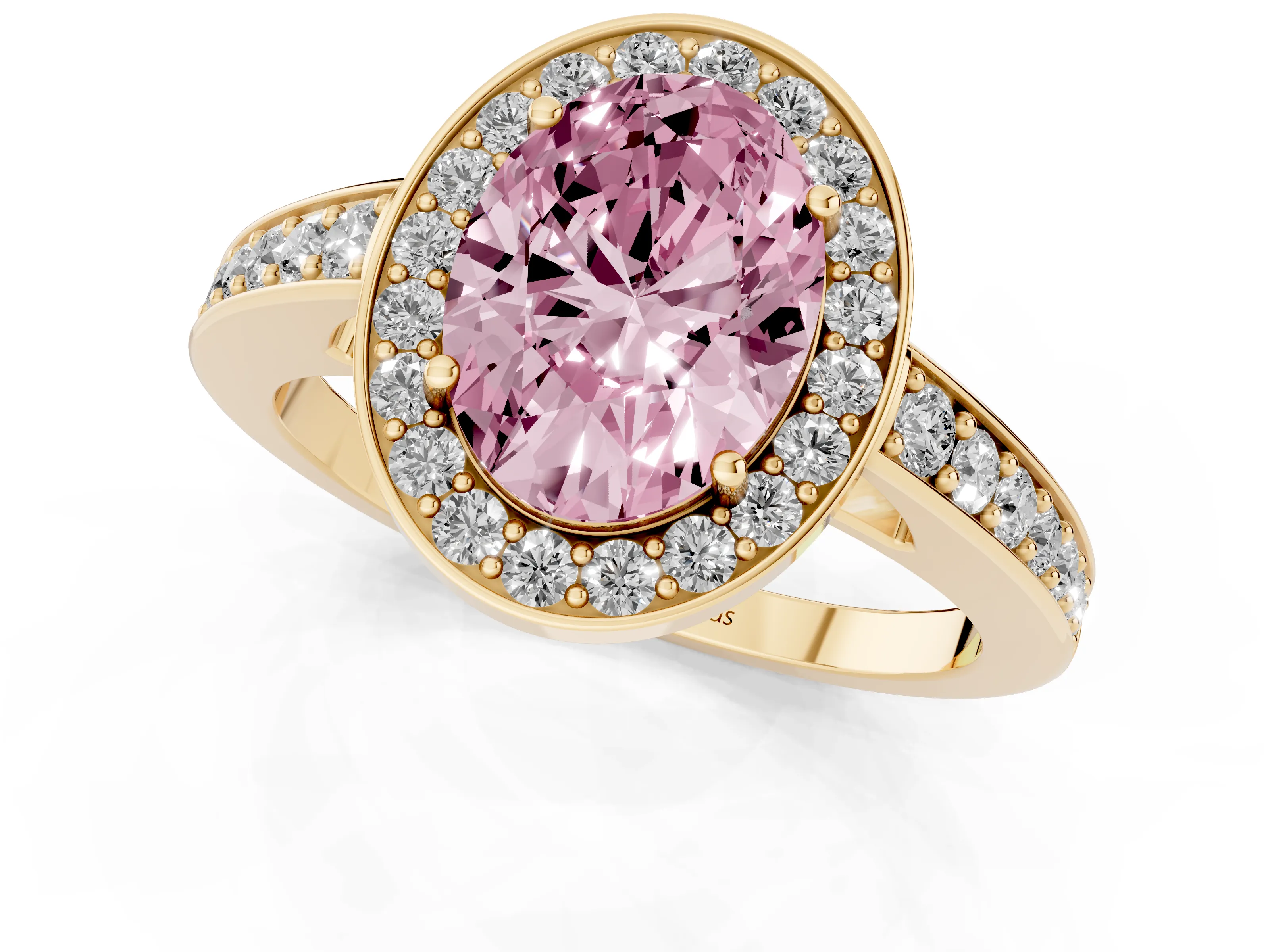 Fancy Pink Oval Cut Diamond Halo Pavé Engagement Ring Set in Yellow gold with Bezel Setting