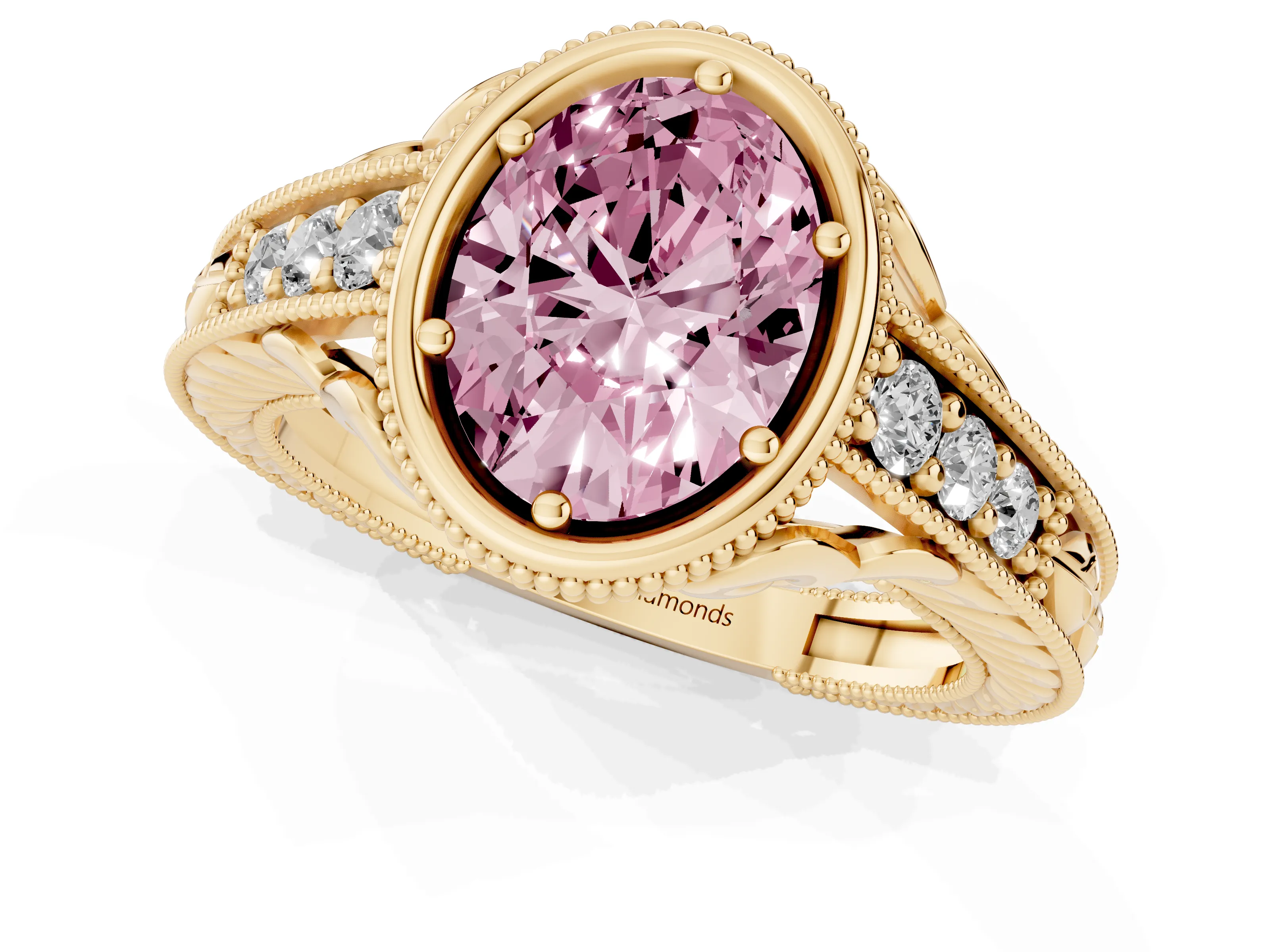 Fancy Pink Bezel Set Oval Cut Diamond Milgrain Pavé Engagement Ring Set in Yellow gold
