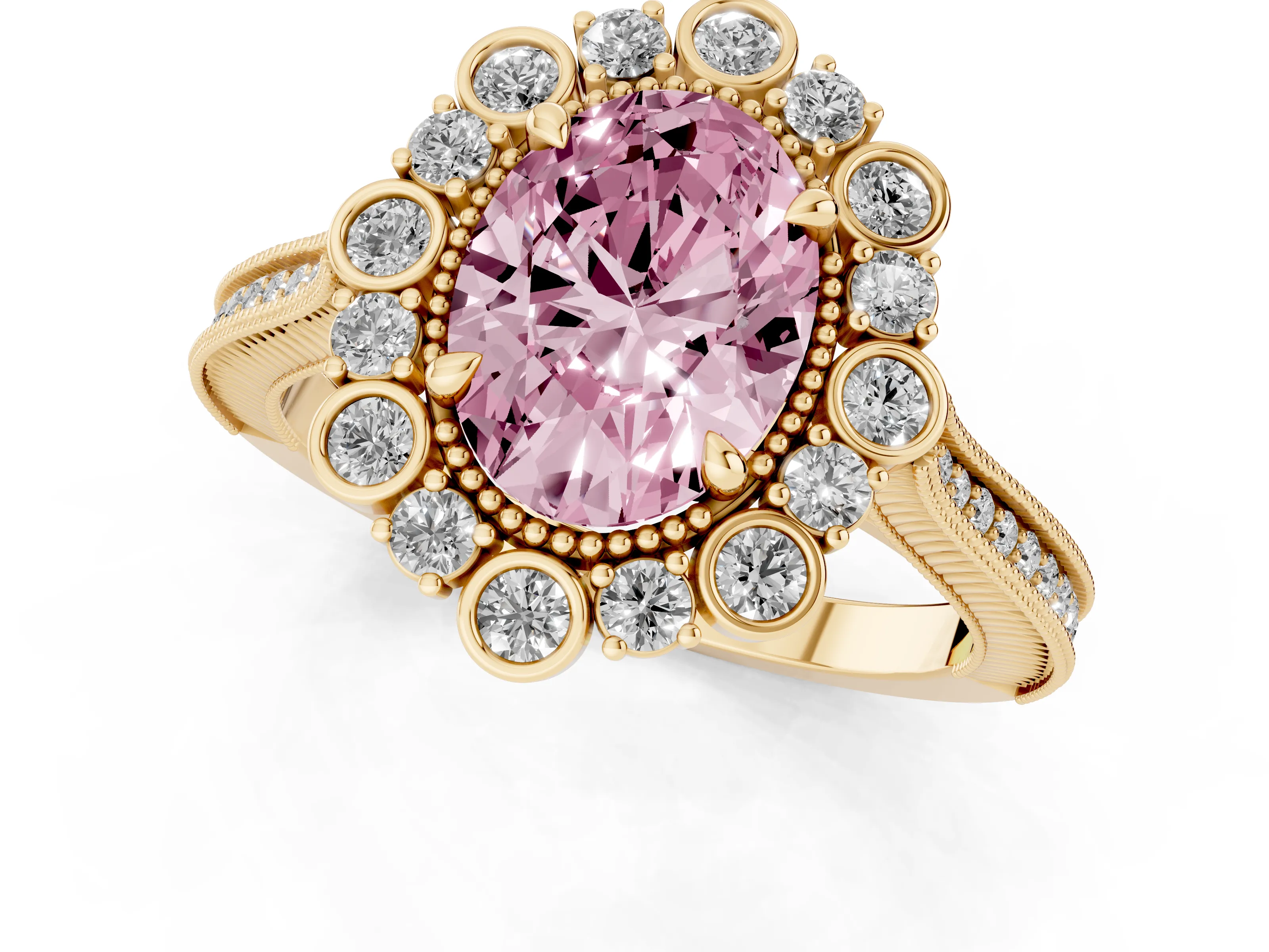 Fancy Pink Oval Cut Diamond Halo Milgrain Pavé Ring Set in Yellow gold with Prong Setting