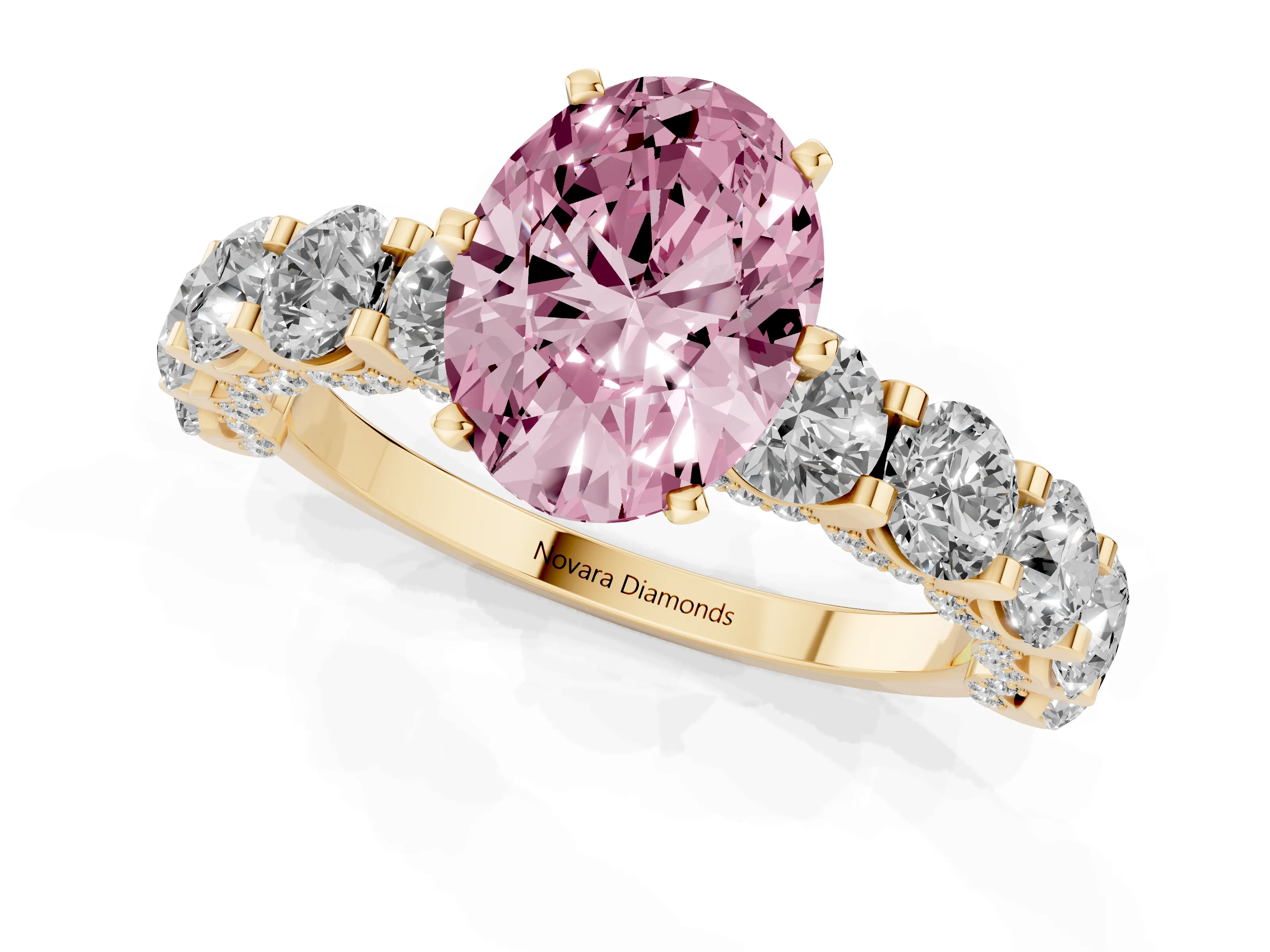 Fancy Pink Oval Cut Diamond Side Stone Ring Set in Yellow gold with Alternating Round and Oval Side Stones