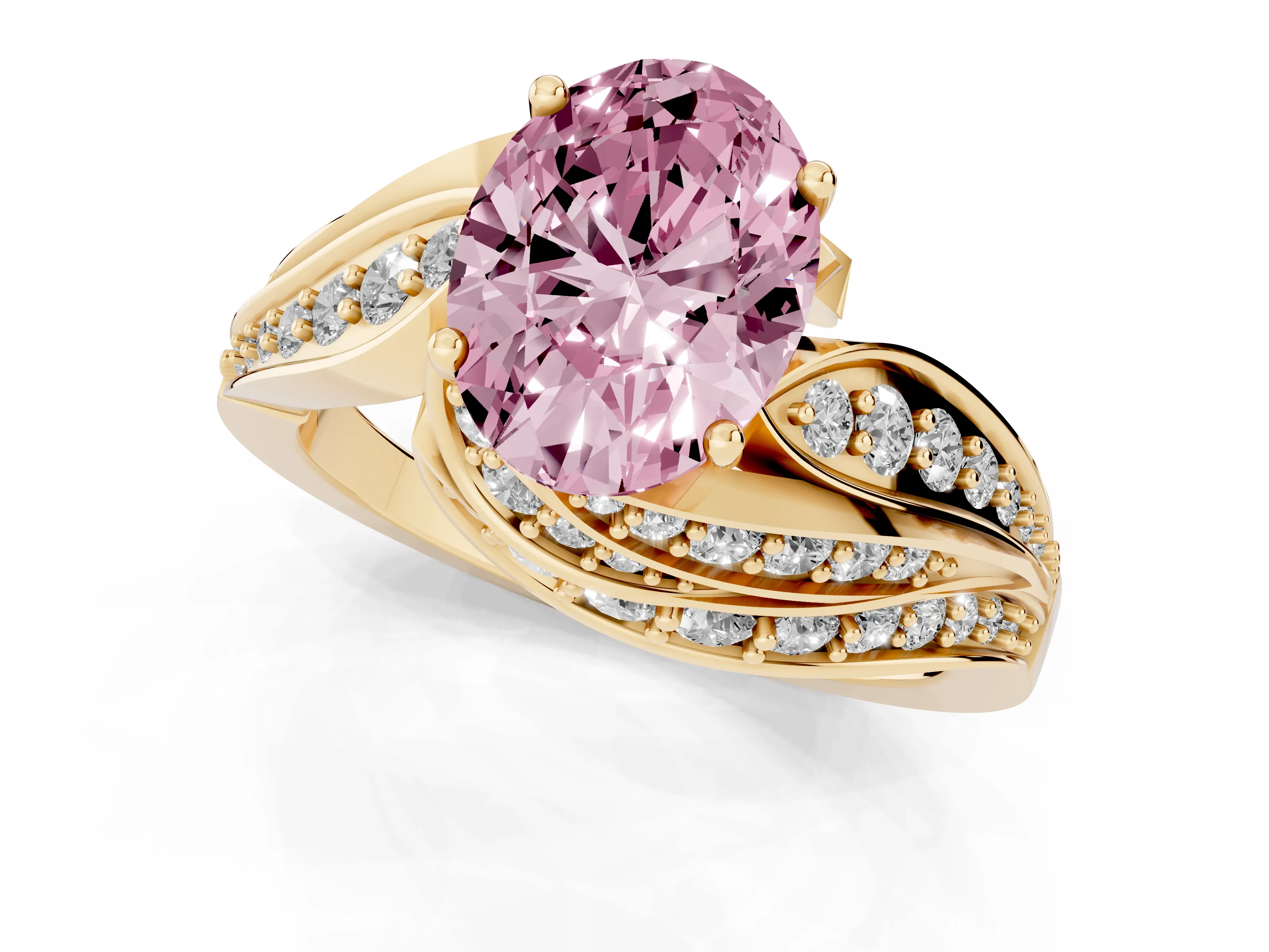 Fancy Pink Oval Cut Diamond Solitaire Ring Set in Yellow gold with Layered Twist Pavé Band