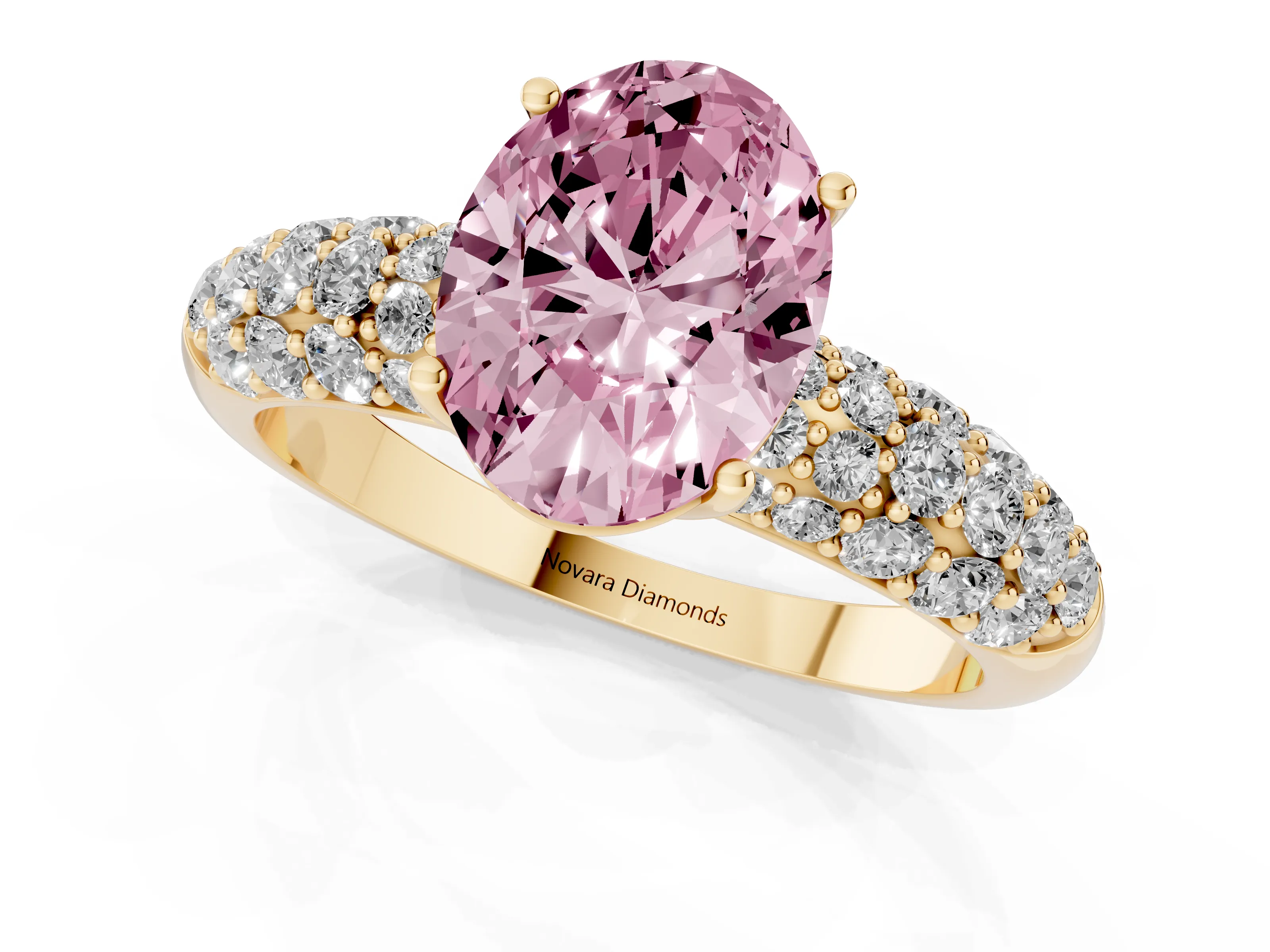 Fancy Pink Oval Cut Diamond Pavé Band Solitaire Ring Set in Yellow gold with Close-Set Accent Stones and Prong Setting