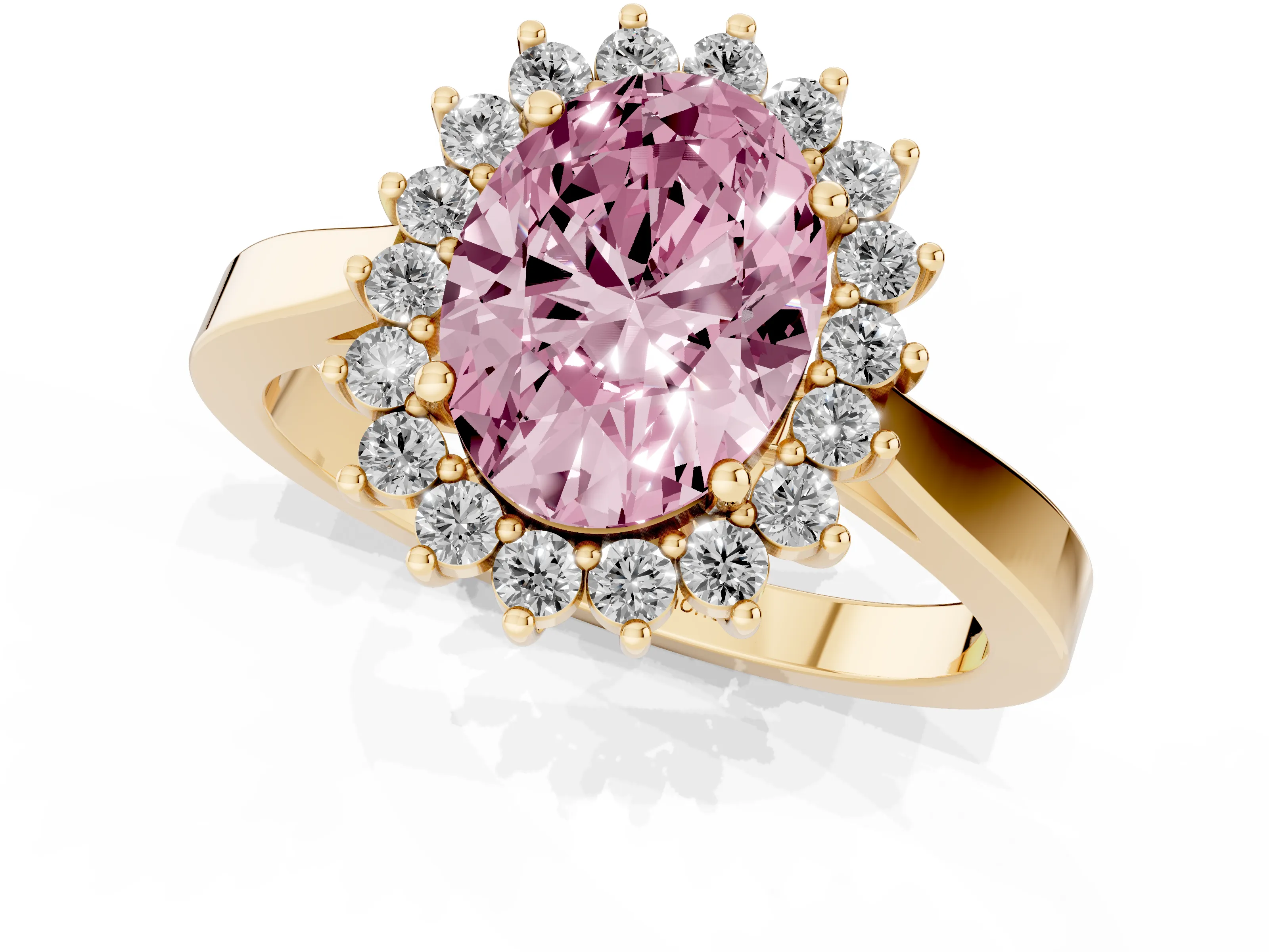 Fancy Pink Oval Cut Diamond Halo Ring Set in Yellow gold with Round Halo and Smooth Solitaire Band