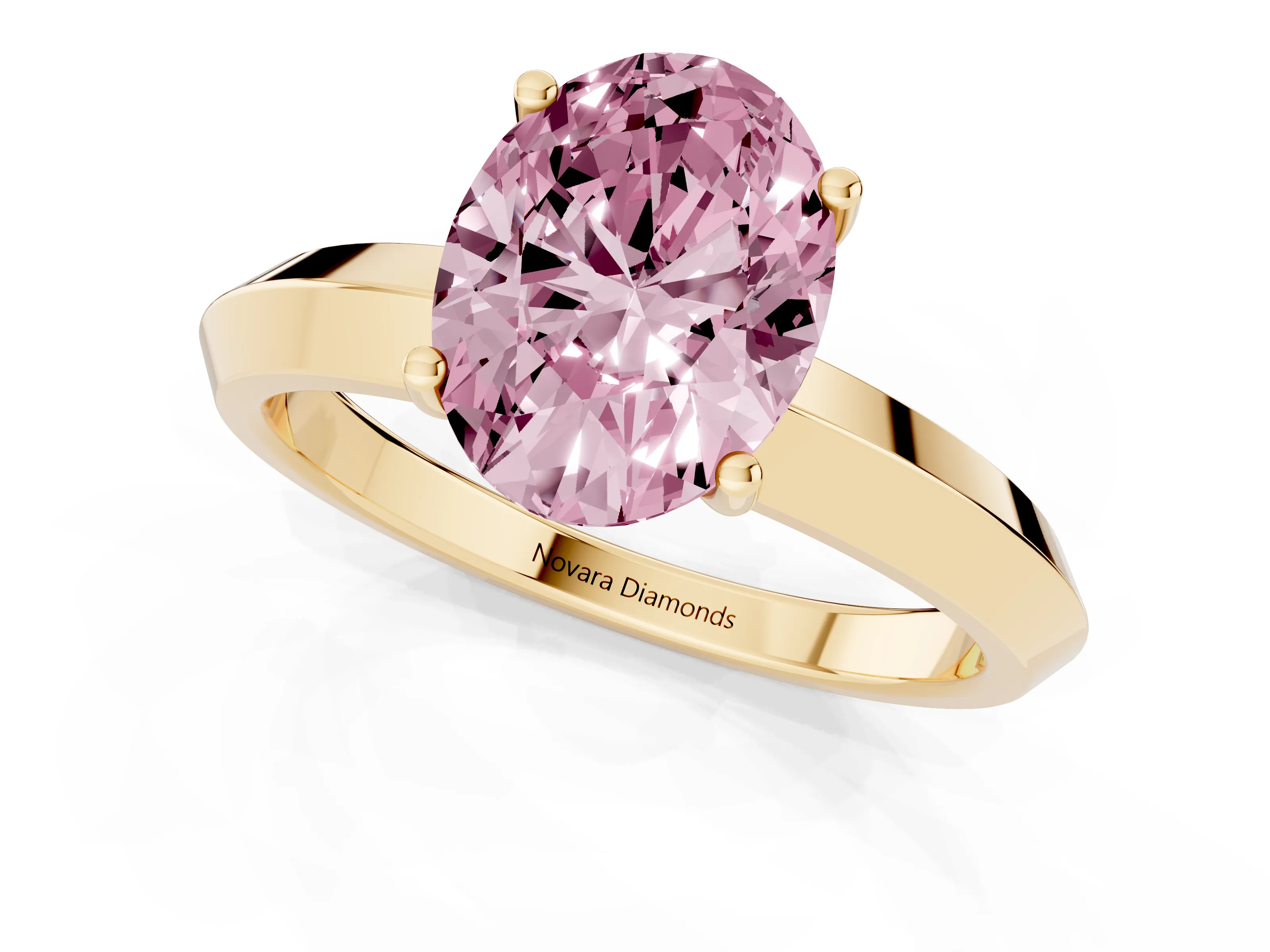 Fancy Pink Oval Cut Diamond Solitaire Engagement Ring Set in Yellow gold with Flat Band and Prong Setting