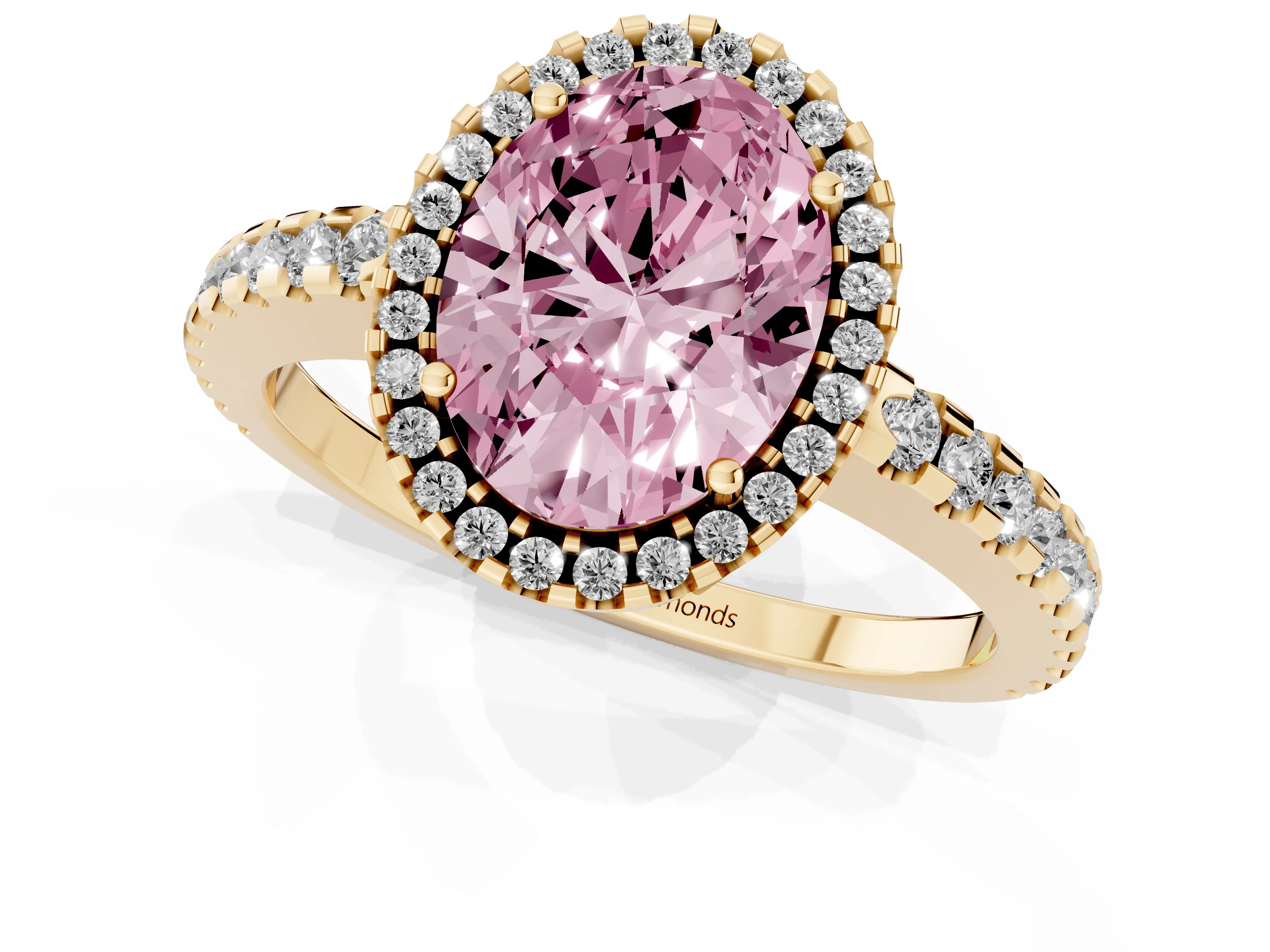 Fancy Pink Oval Cut Diamond Halo Ring Set in Yellow gold with Pavé Shoulders and Halo-Framed Center