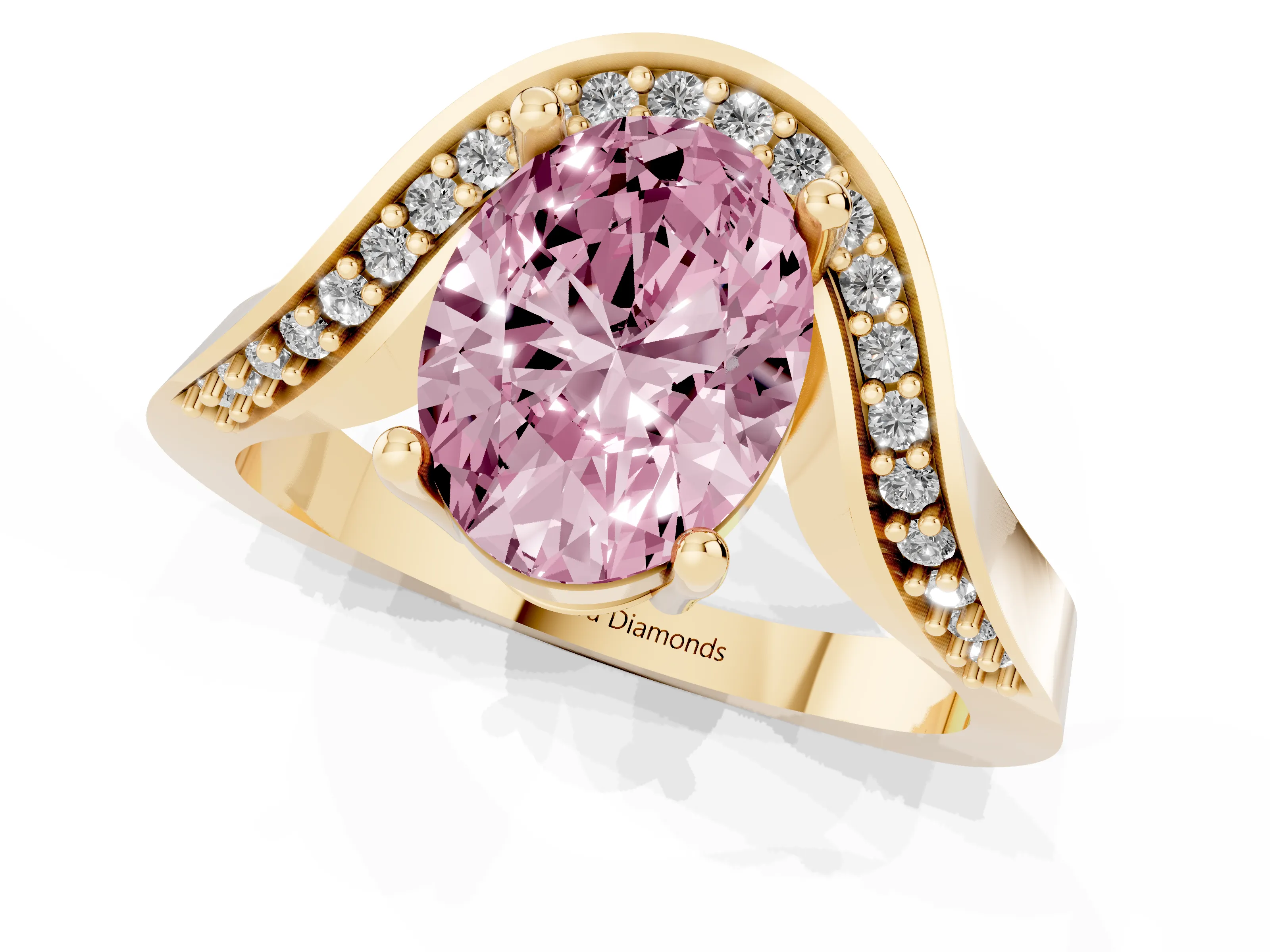 Fancy Pink Oval Cut Diamond Solitaire Engagement Ring Set in Yellow gold with Pavé Shoulders