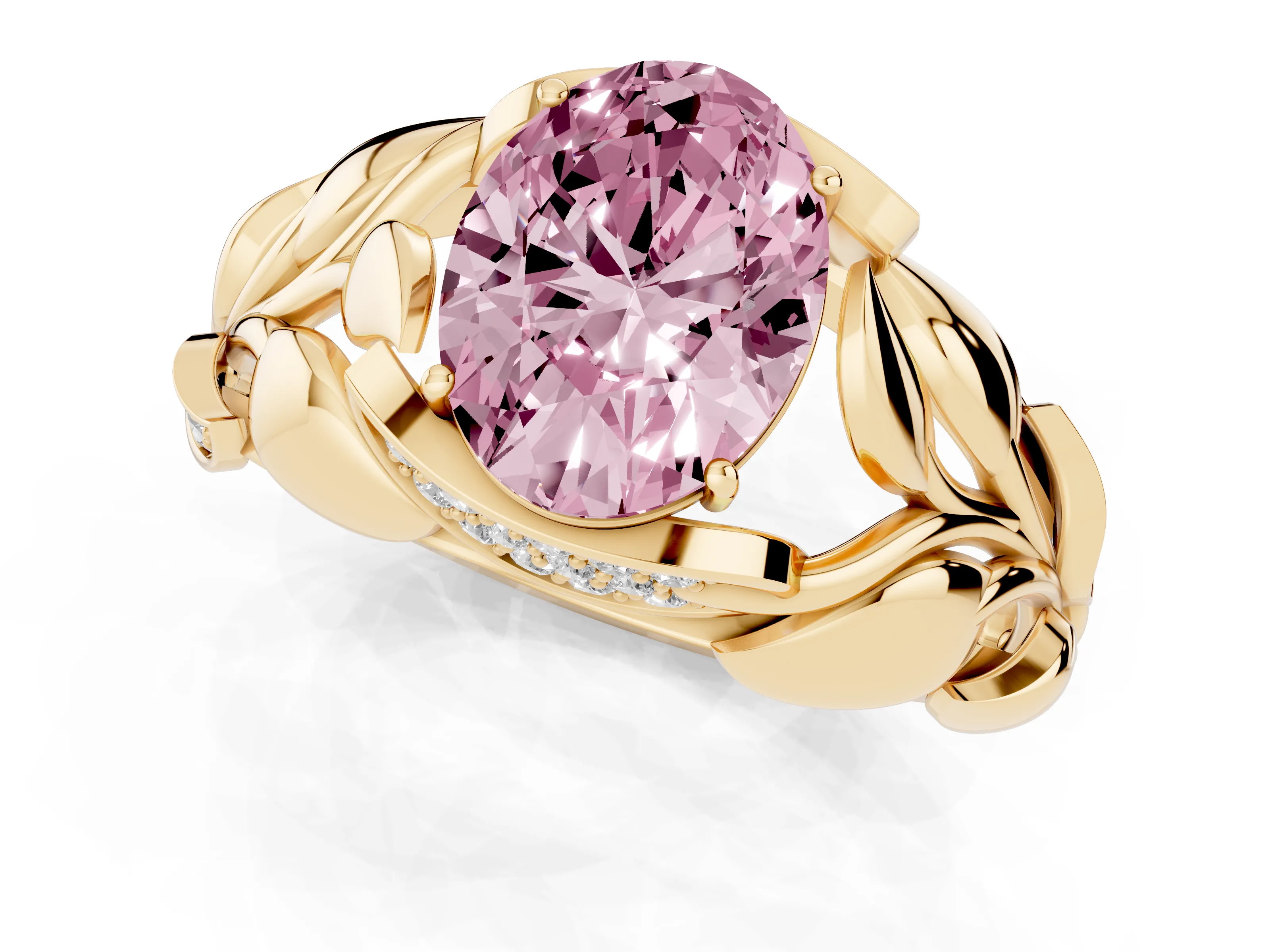 Fancy Pink Oval Cut Diamond Leaf-Inspired Engagement Ring Set in Yellow gold with Round Accents