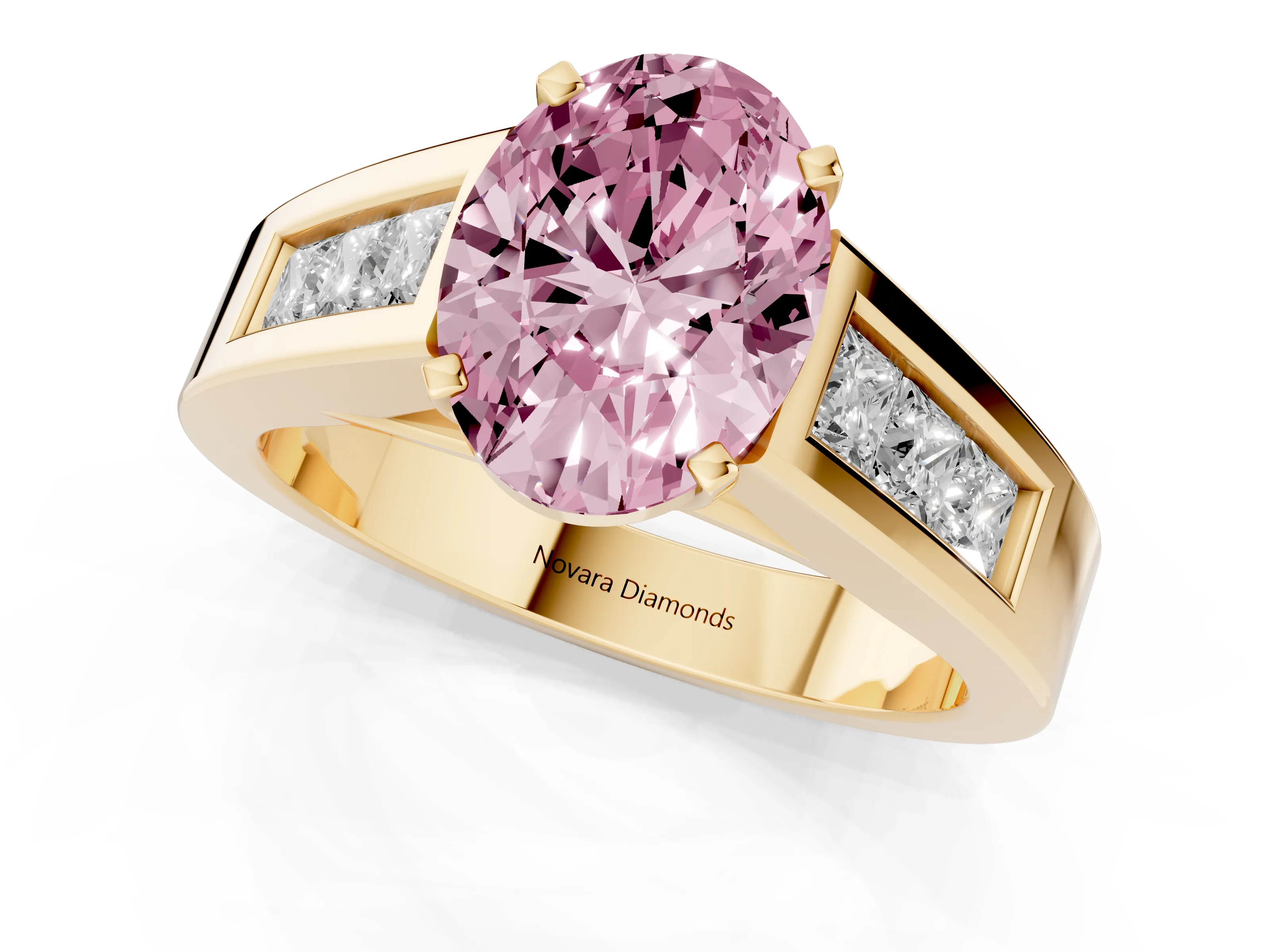 Fancy Pink Oval Cut Diamond Solitaire Ring Set in Yellow gold with Channel-Set Accent Stones and Prong Setting