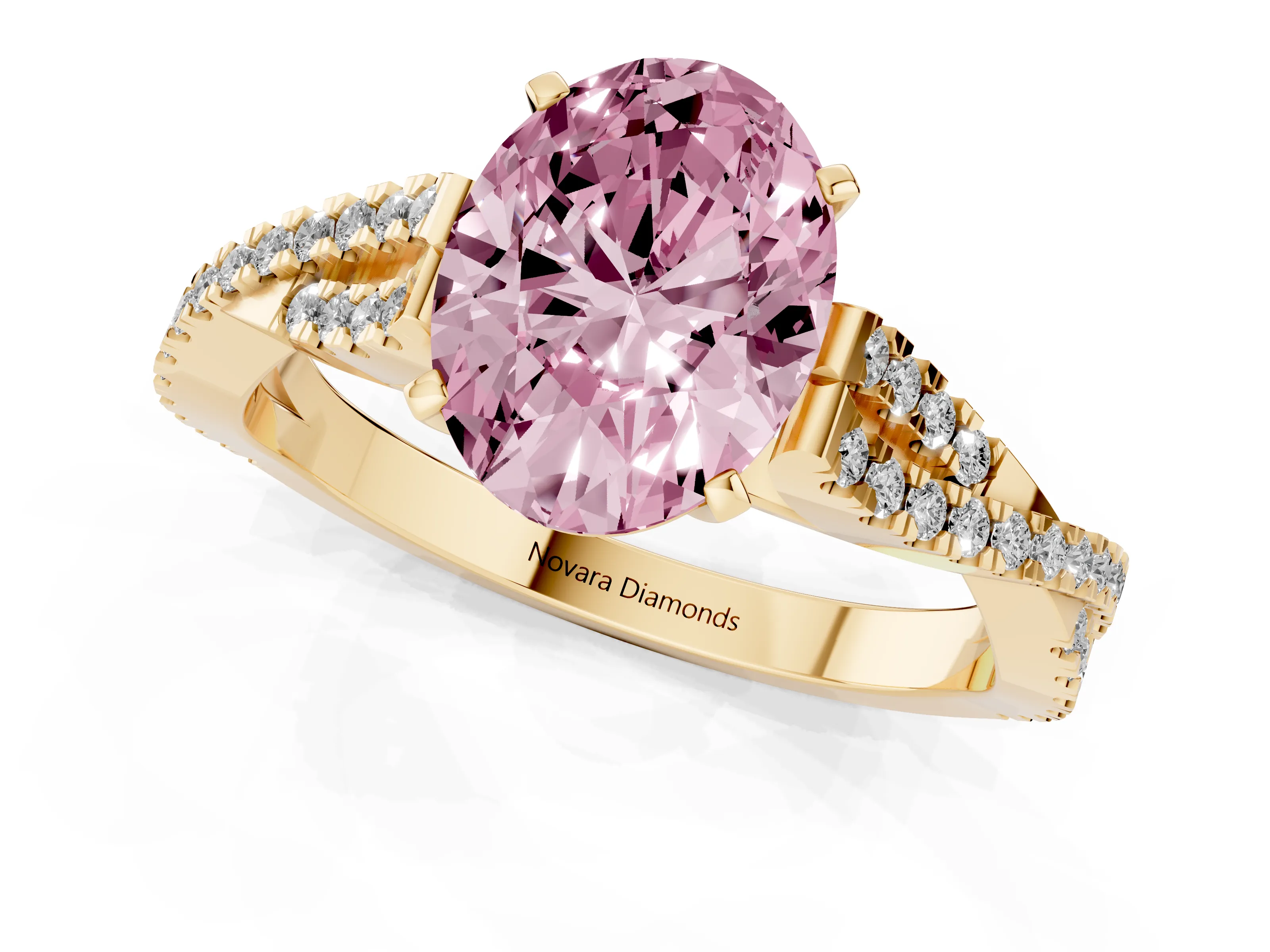 Fancy Pink Oval Cut Diamond Solitaire Engagement Ring Set in Yellow gold with Twisted Pavé Band and Prong Setting