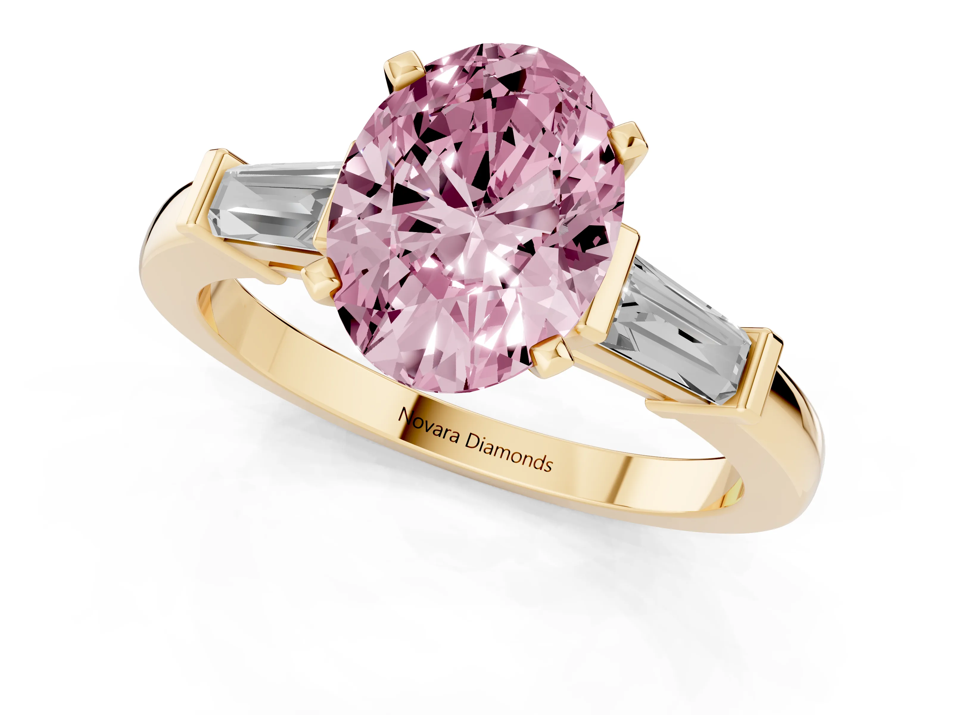 Fancy Pink Oval Cut Diamond Solitaire Ring Set in Yellow gold with Tapered Baguette Accents and Prong Setting