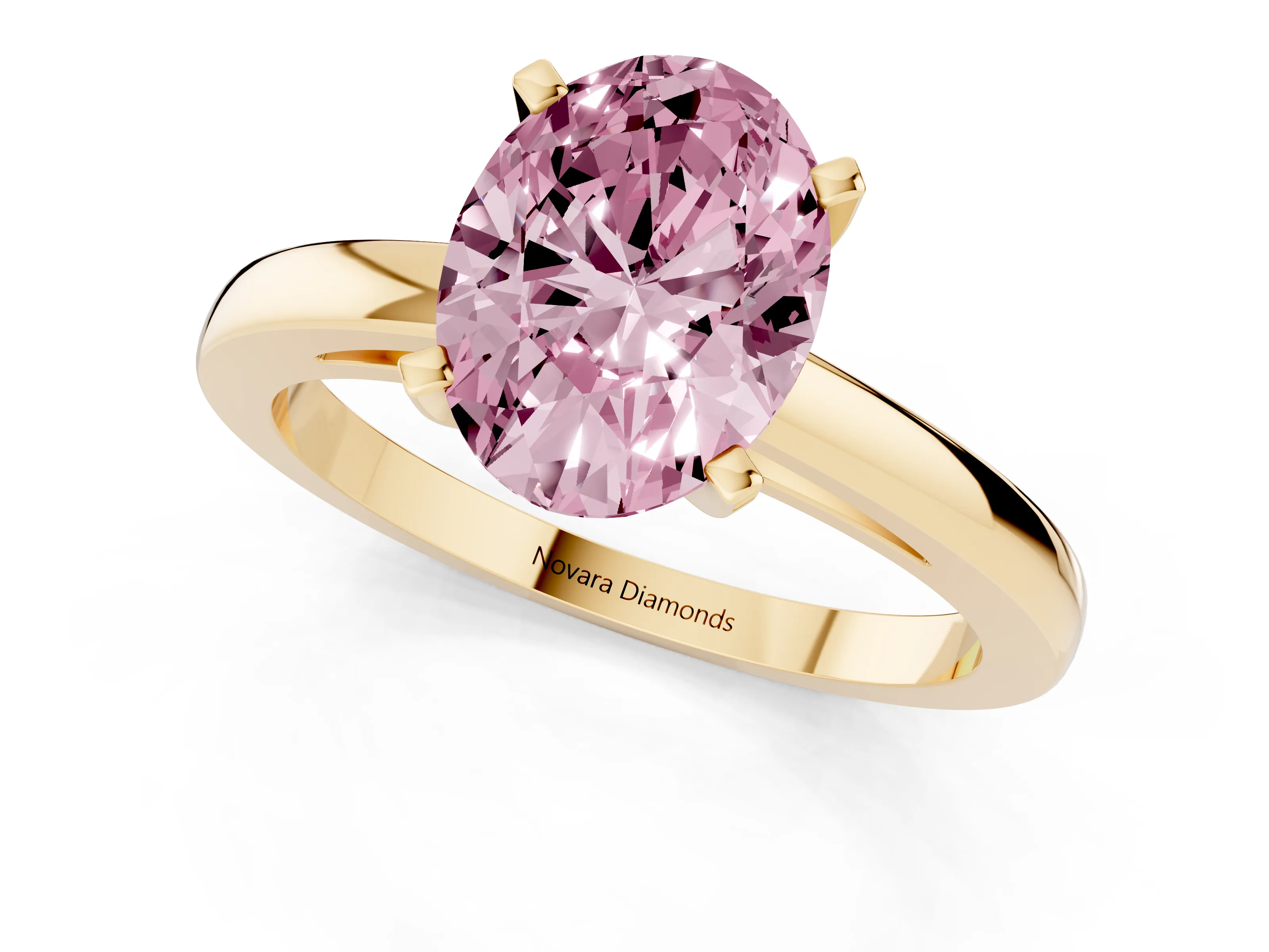Fancy Pink Oval Cut Diamond Solitaire Engagement Ring Set in Yellow gold with Prong Setting on a Classic Band