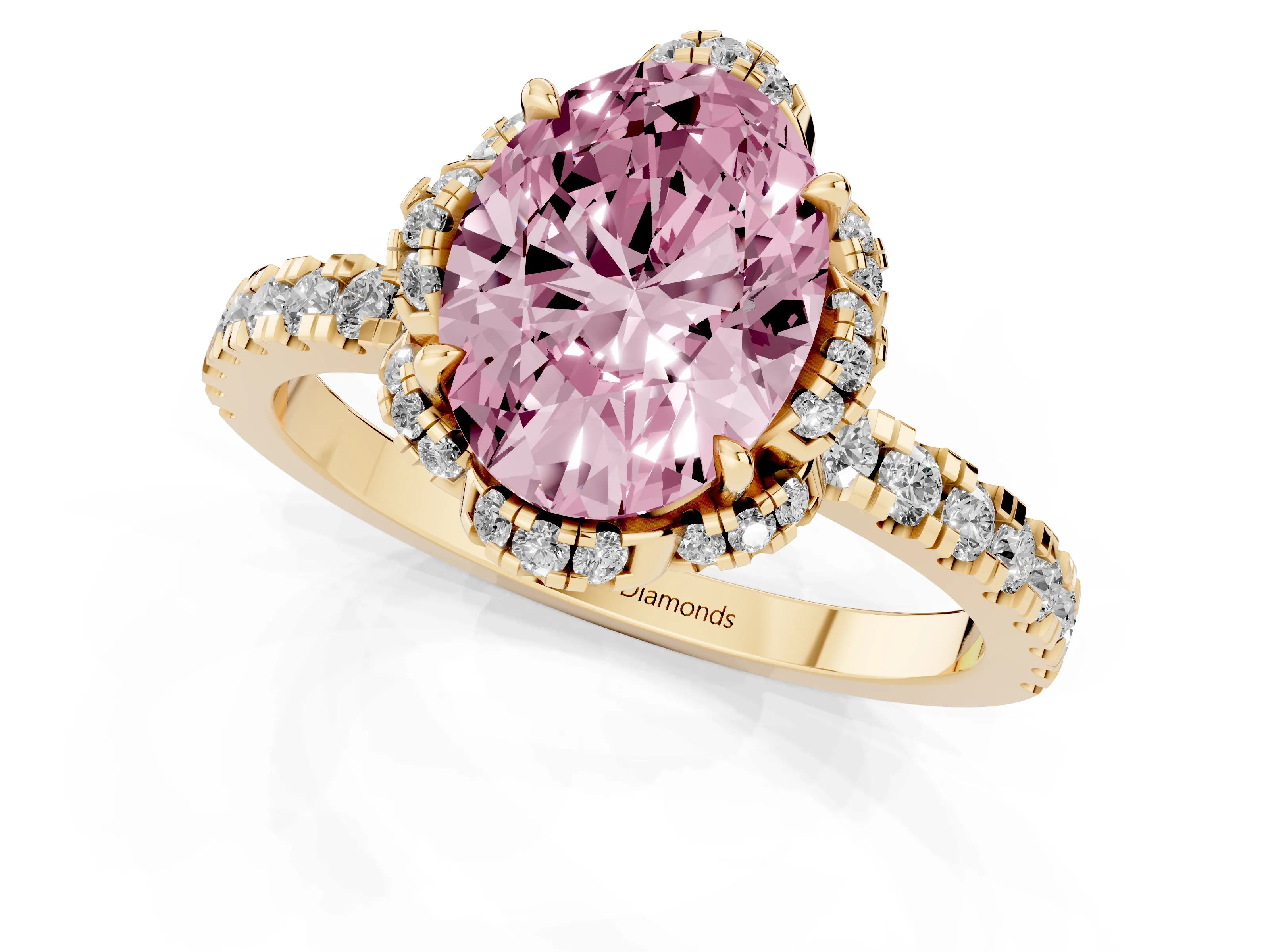 Fancy Pink Oval Cut Diamond Halo Pavé Band Ring Set in Yellow gold with Prong-Held Center