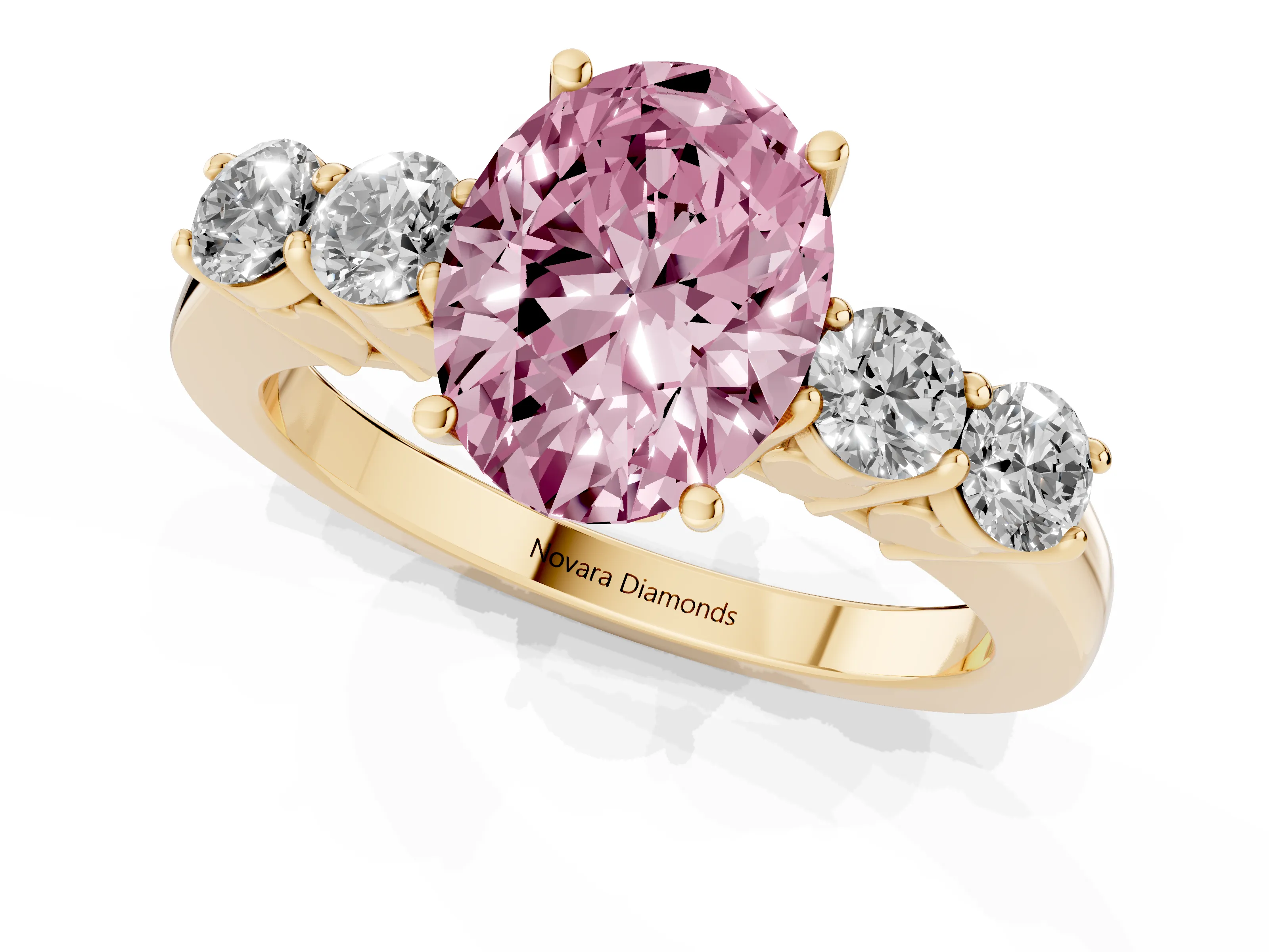 Fancy Pink Oval Cut Diamond Five-Stone Prong Set Band Ring Set in Yellow gold with Polished Band
