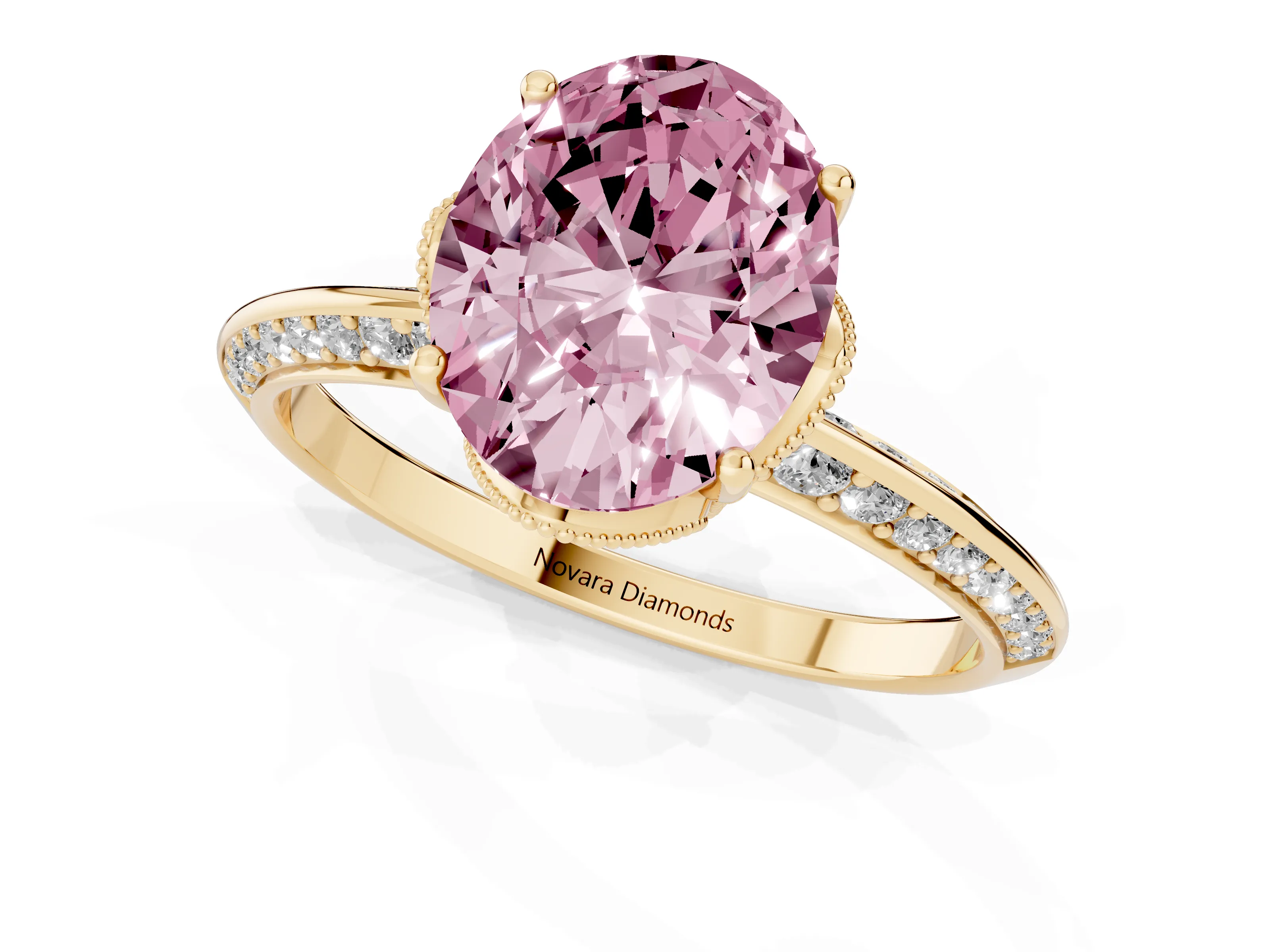 Fancy Pink Oval Cut Diamond Solitaire Engagement Ring Set in Yellow gold with Pavé Split Shank and Prong Setting