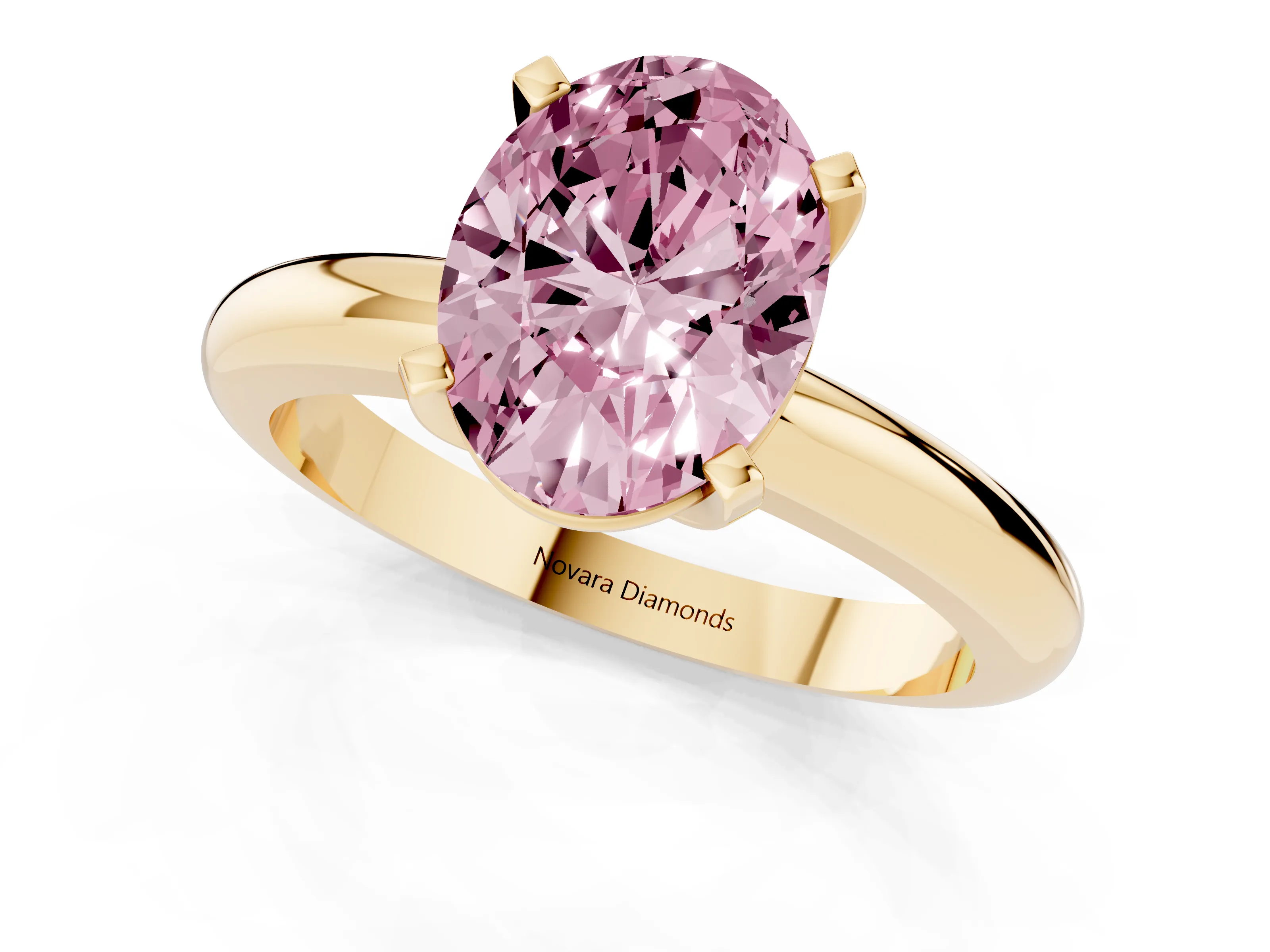 Fancy Pink Oval Cut Diamond Solitaire Engagement Ring Set in Yellow gold with Round Band and Prong Setting