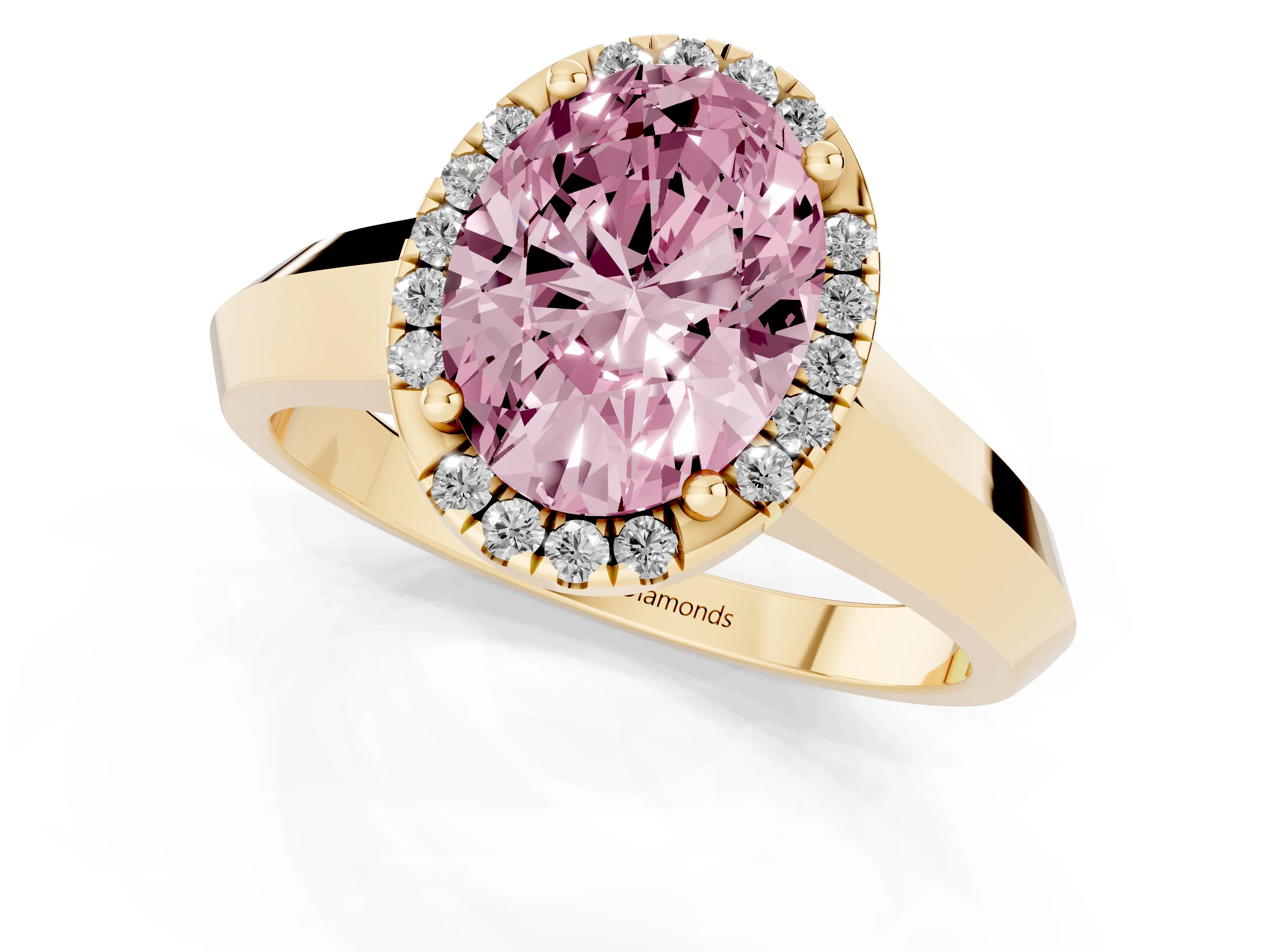 Fancy Pink Oval Cut Diamond Halo Ring Set in Yellow gold with Cathedral Band and Prong Setting