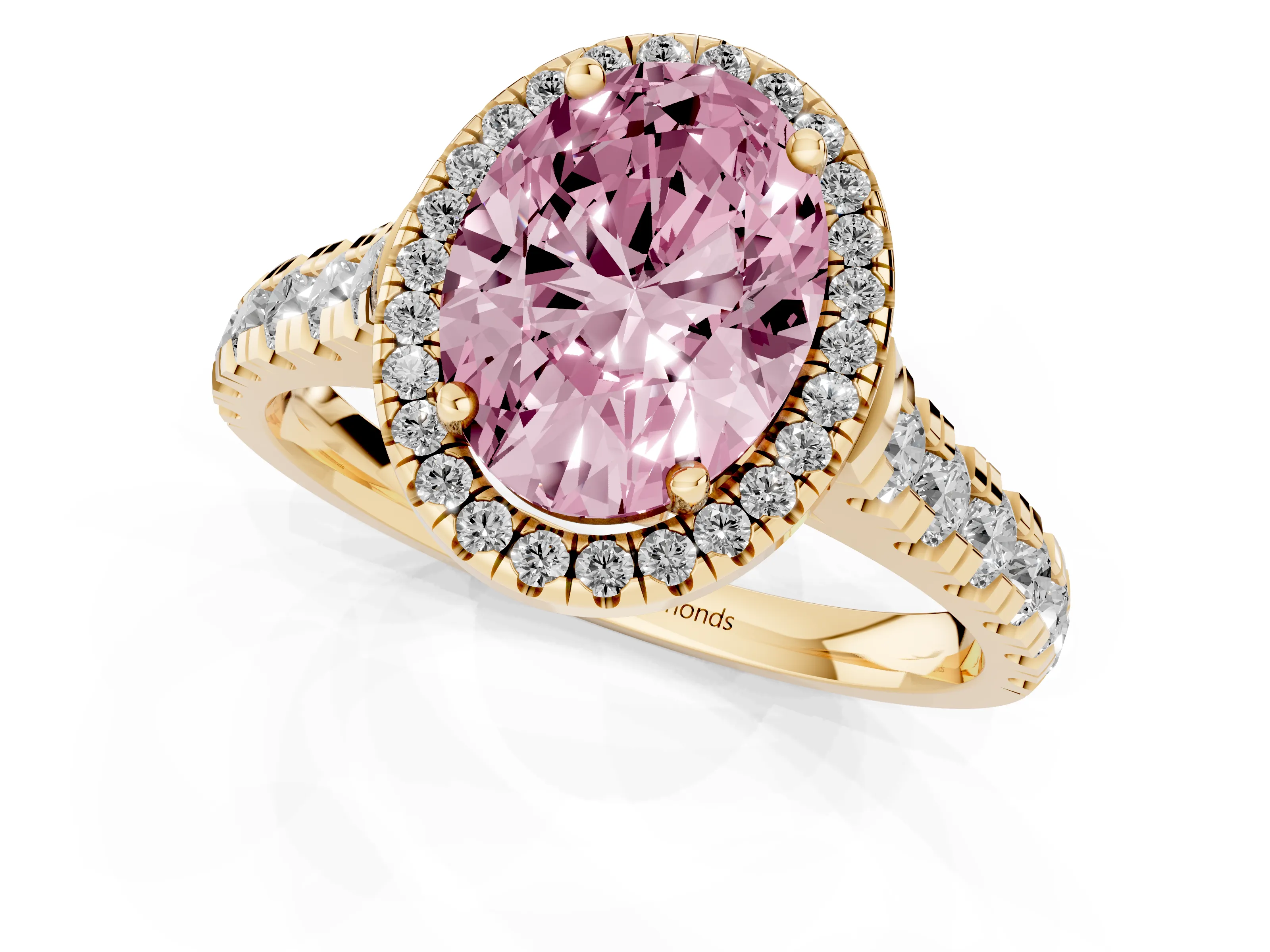 Fancy Pink Oval Cut Diamond Halo Engagement Ring Set in Yellow gold with Pavé Band and Prong-Set Center