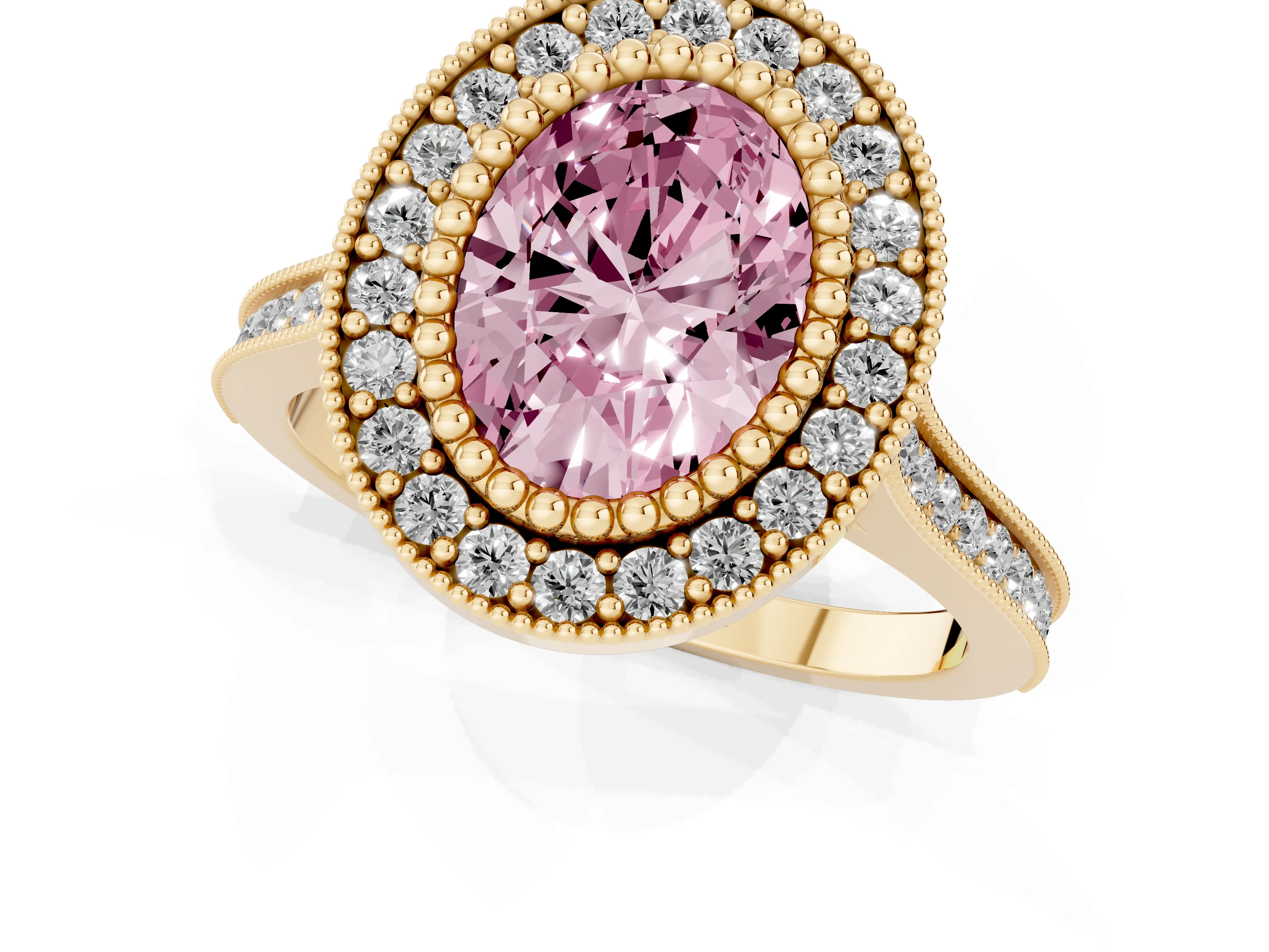 Fancy Pink Oval Cut Diamond Halo Ring Set in Yellow gold with Milgrain Frame and Pavé Band