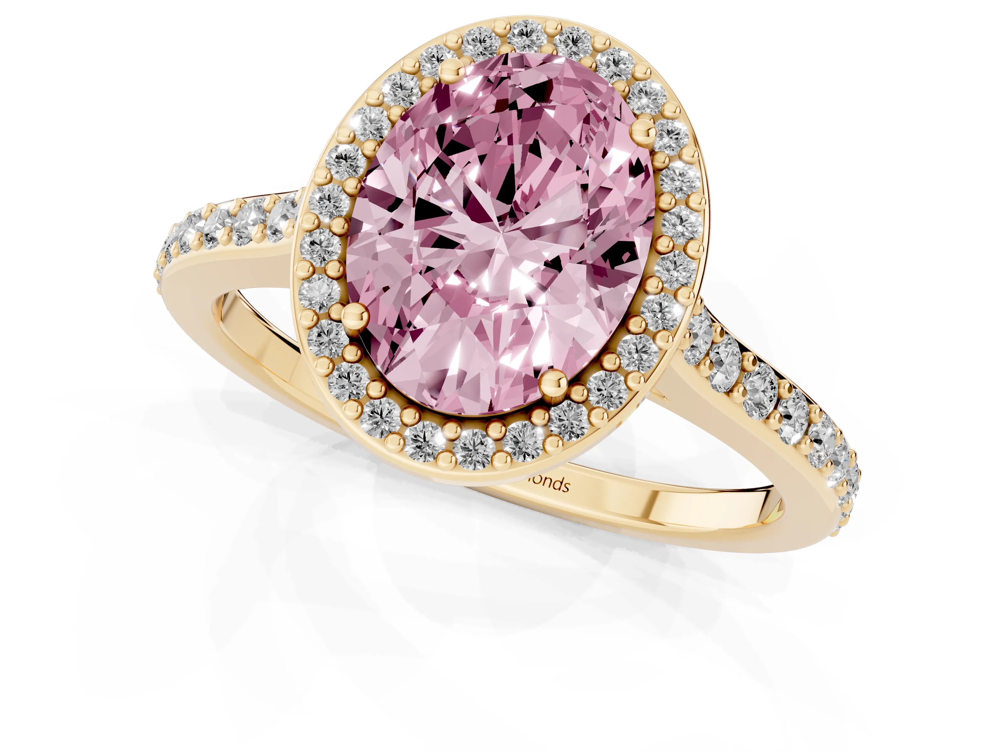 Fancy Pink Oval Cut Diamond Halo Engagement Ring Set in Yellow gold with Round Pavé Shoulders and Heart Gallery