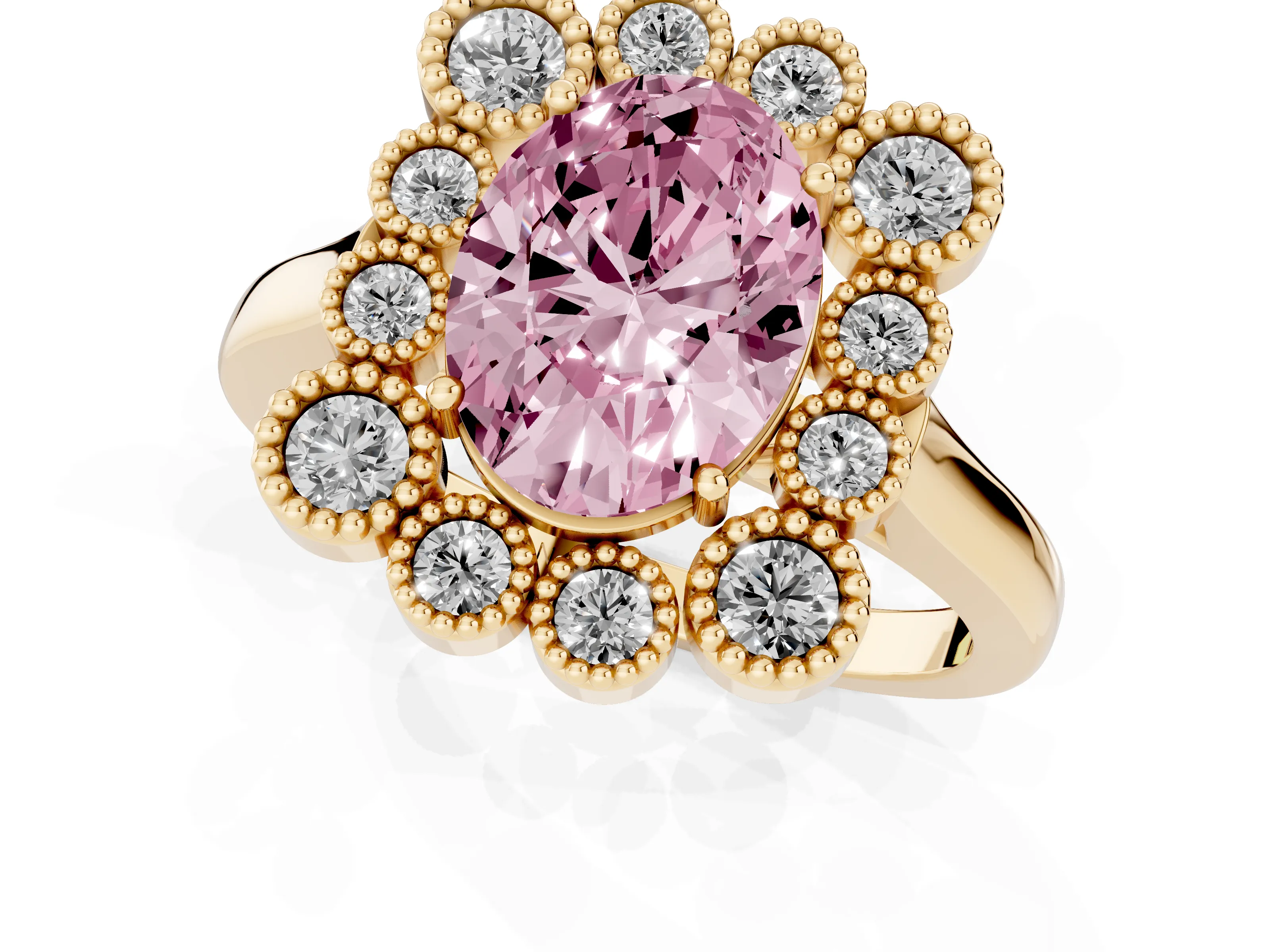 Fancy Pink Oval Cut Diamond Cluster Halo Ring Set in Yellow gold with Milgrain Bezel Accents and Plain Band