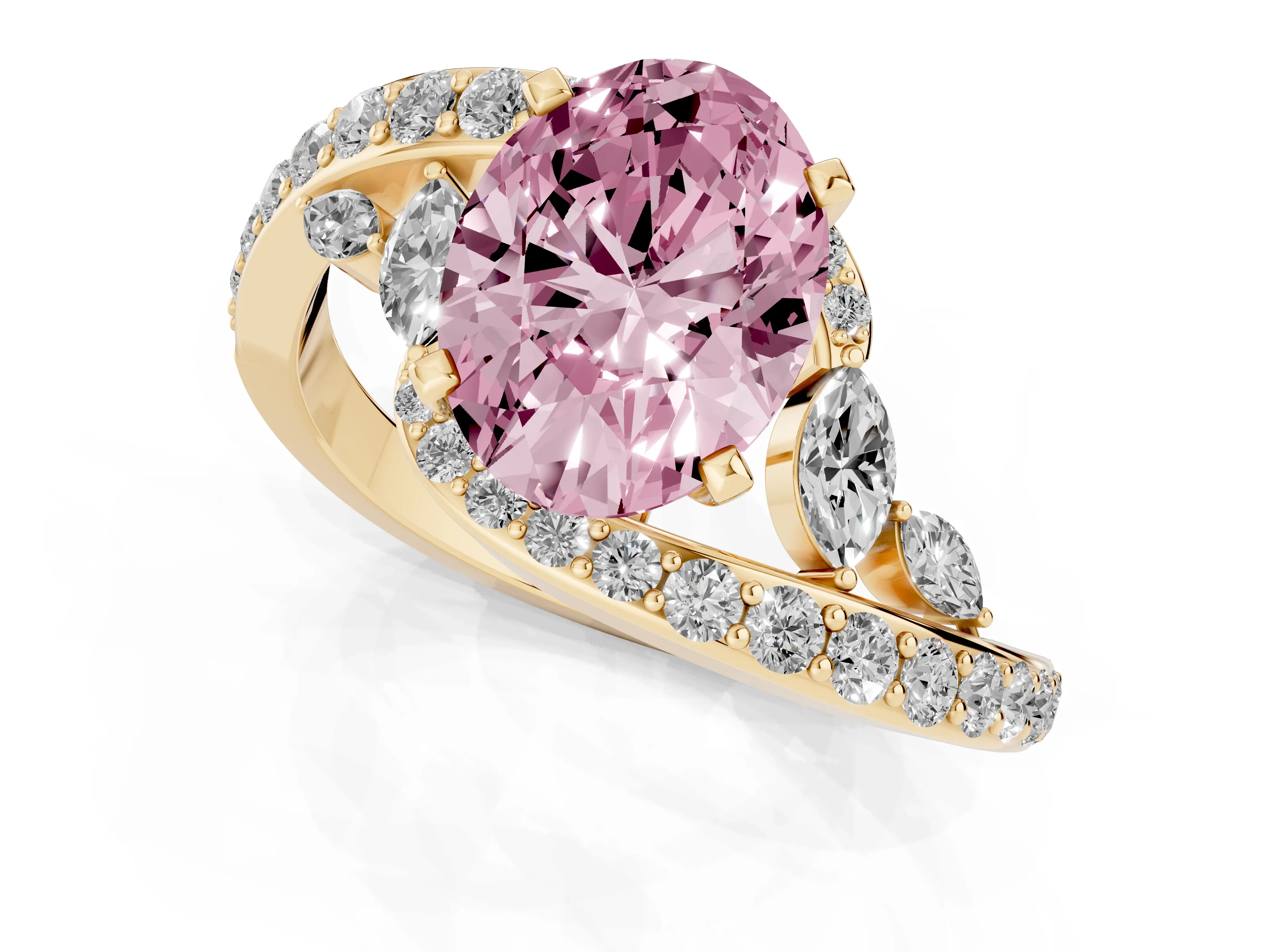 Fancy Pink Oval Cut Diamond Solitaire Ring Set in Yellow gold with Pavé Twist Band and Secure Prong Setting