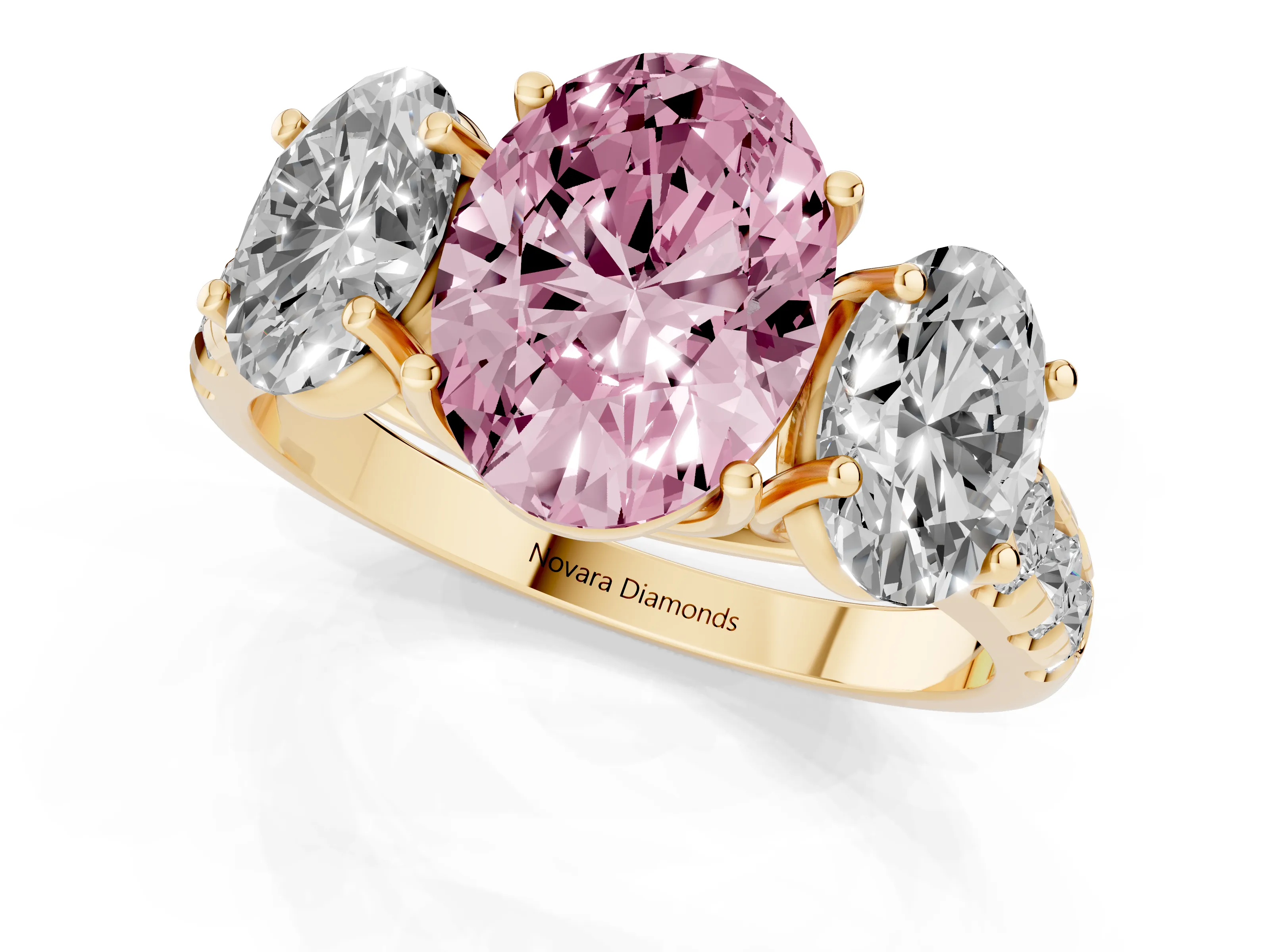 Fancy Pink Oval Cut Diamond Three-Stone Ring Set in Yellow gold with Pavé Band
