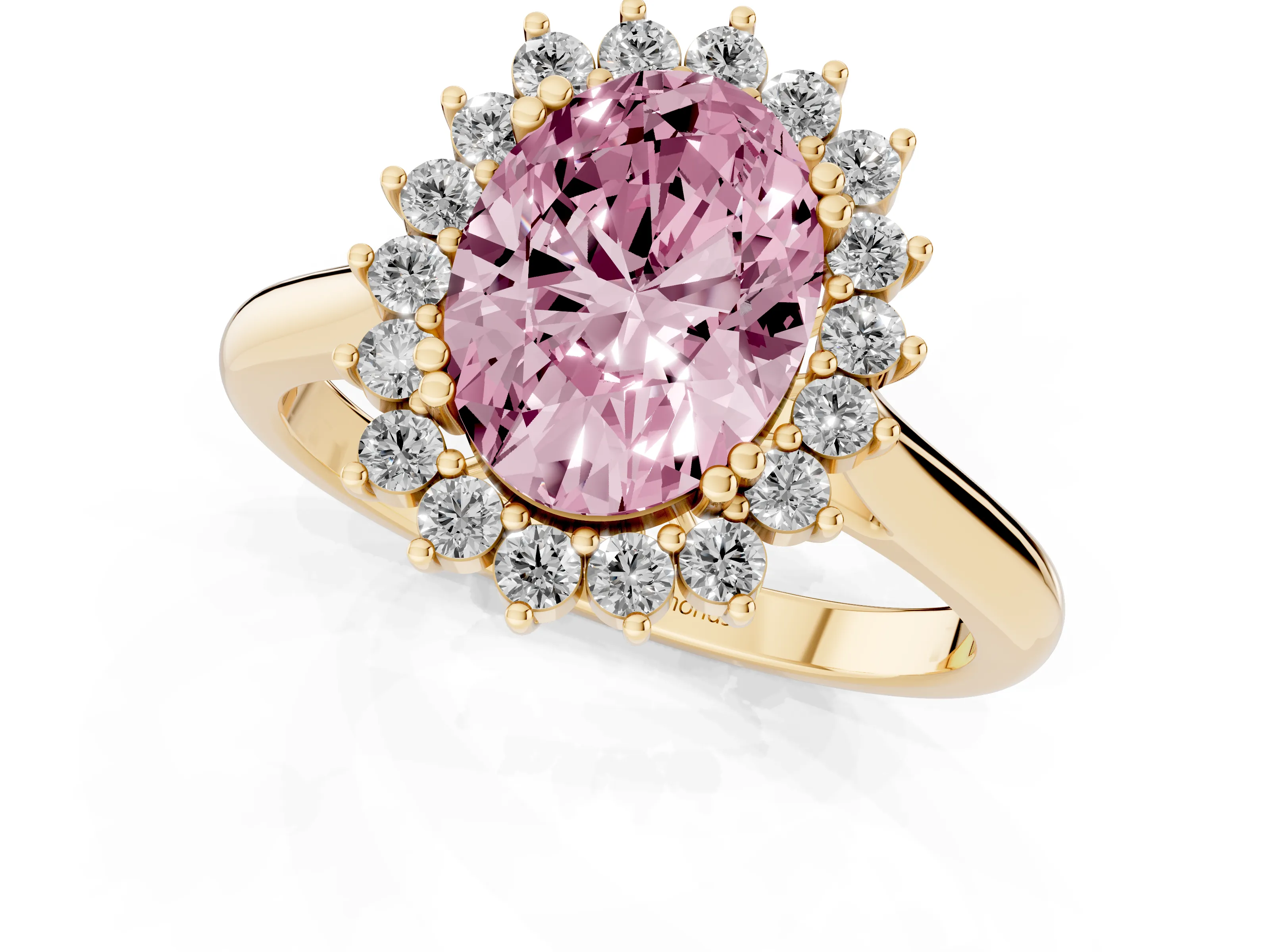 Fancy Pink Oval Cut Diamond Halo Ring Set in Yellow gold with Plain Solitaire Band and Prong Setting