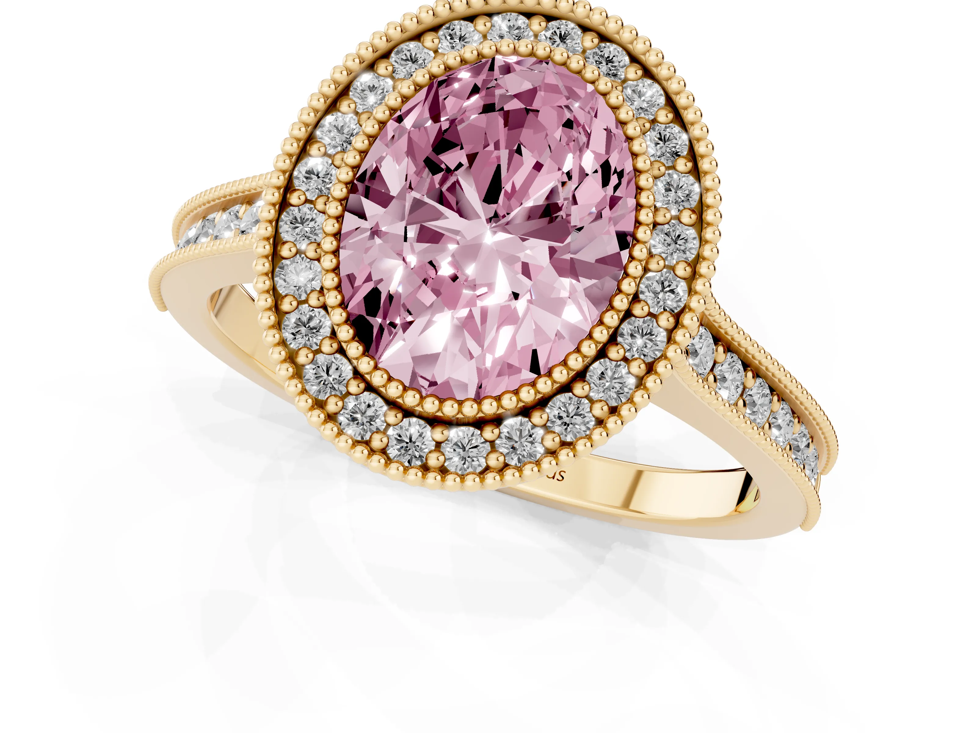 Fancy Pink Oval Cut Diamond Halo Milgrain Pavé Band Ring Set in Yellow gold with Prong Setting